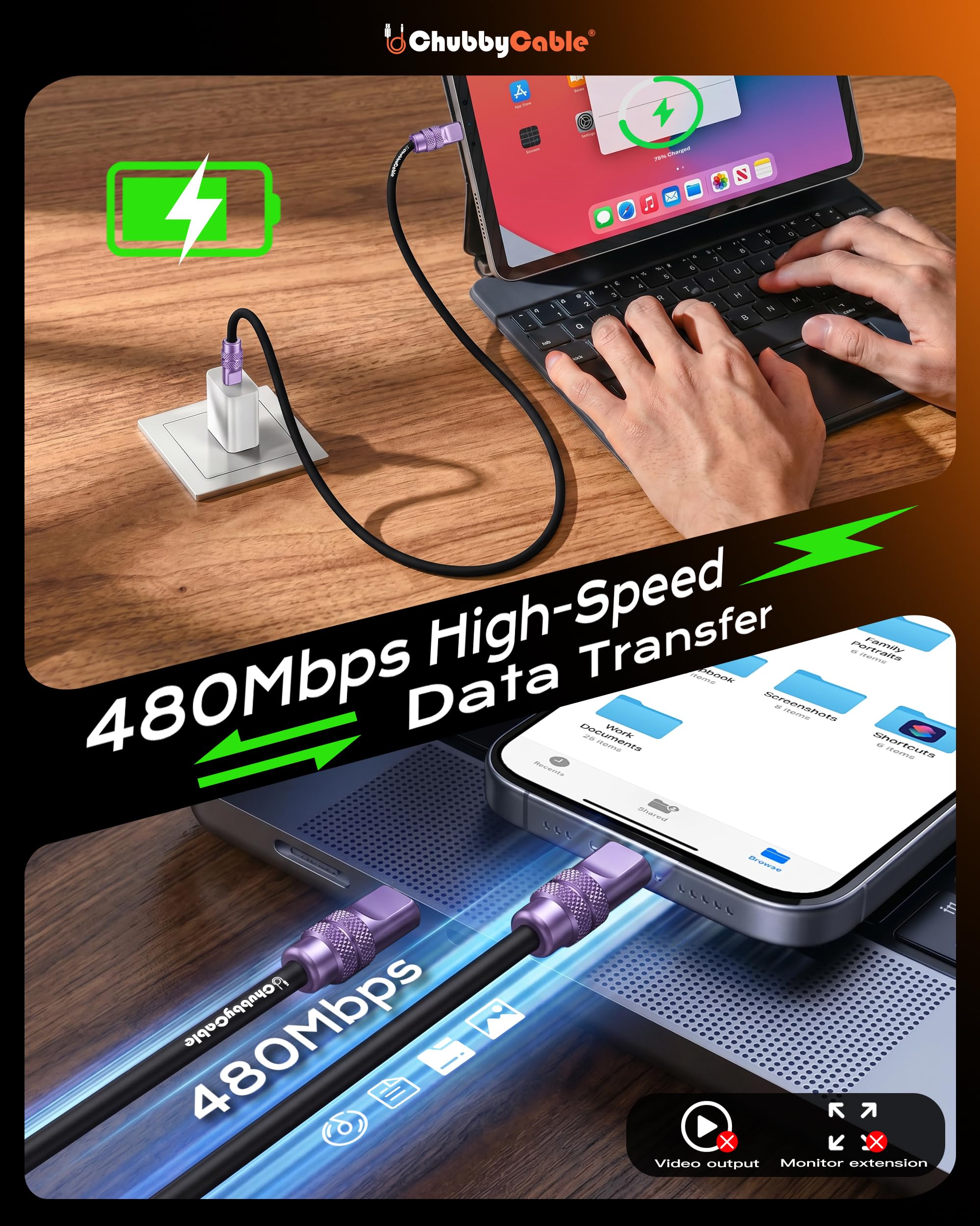 chubbycable Cavo di ricarica anodizzato 240 W riflettente lucido durevole in silicone morbido cavo USB C extra spesso cavo di ricarica per telefono, nero+titanio deserto, da tipo C a tipo C, 1,8 m
