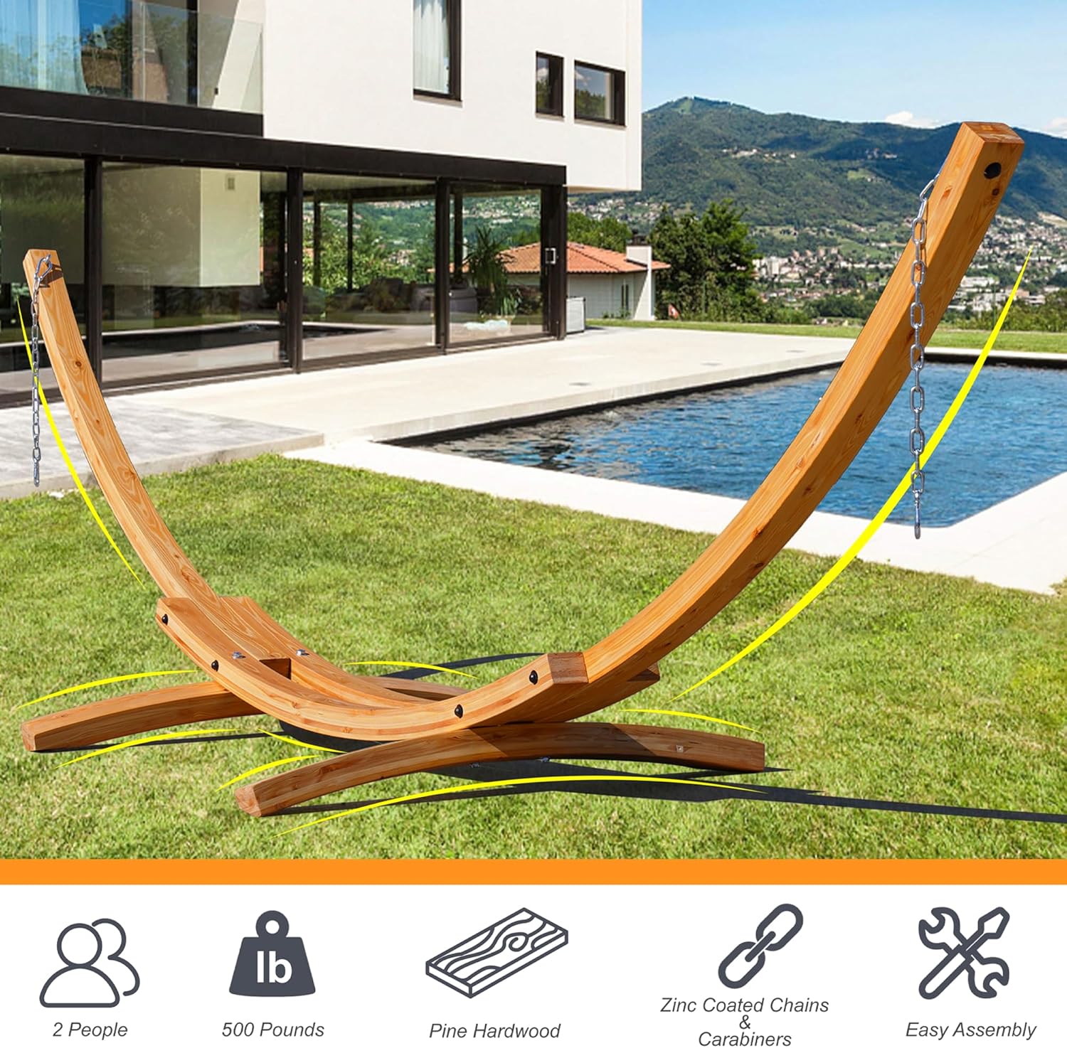 Lazy Daze Hammocks 13 FT Outdoor Arc Wood Hammock Stand, 2 Person Hard Pine Wood Hammock Stand with Carabiners and Chains for Outdoor Patio Garden Yard Poolside, 500lb Capacity, Natural