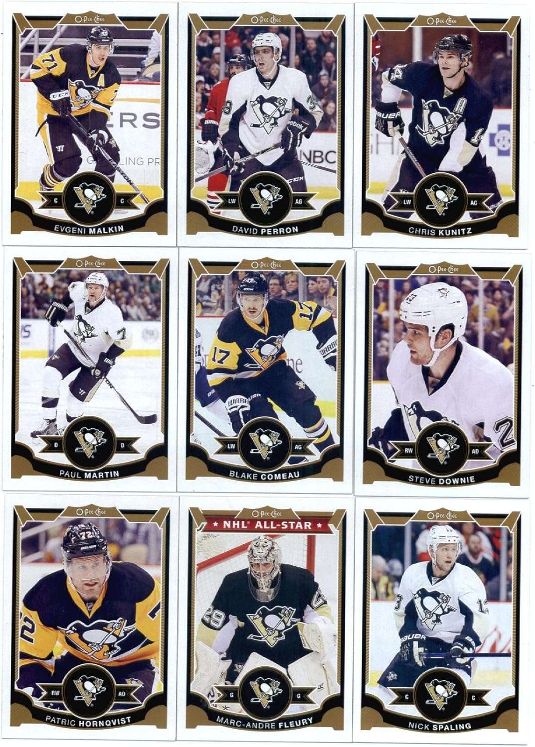2015-16 O-Pee-Chee Hockey Pittsburgh Penguins Team Set of 16 Cards: David Perron, Chris Kunitz, Evgeni Malkin, Steve Downie, Paul Martin, Blake Comeau, Nick Spaling, Marc-Andre Fleury, Patric Hornqvist, Daniel Winnik, Derrick Pouliot, Beau Bennett, Christian Ehrhoff, Brandon Sutter, Kris Letang, Sidney Crosby