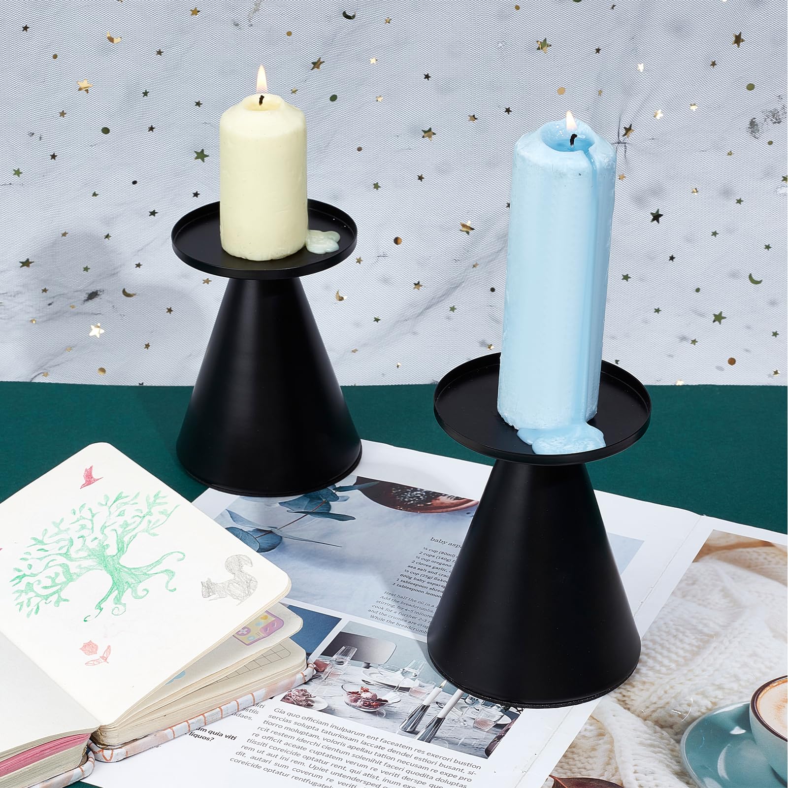 Set 4 Portacandele Conici In Ferro Battuto Nero - Candeliere Con Manico Per Candele Ø2,2cm - Decorazione Rustica Per Tavolo, Soggiorno, Matrimonio, Cene Romantiche
