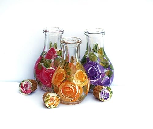 Miniatura 6 de Decorative Hand Painted Set of 3 Glass Perfume Essential Oil Storage Bottles with Tight Fitting Cork Stopper Cap