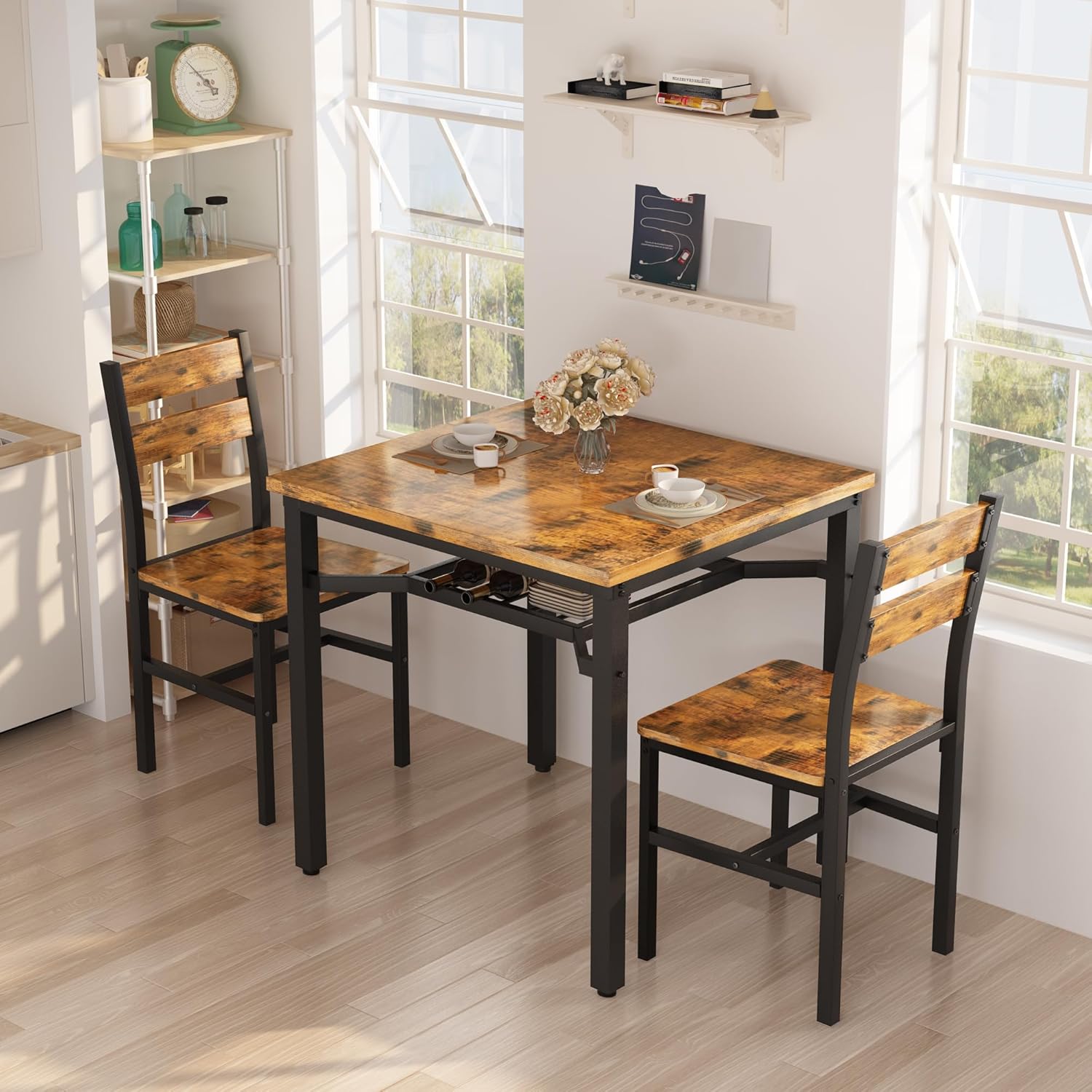 Hooseng 3 Piece Dining Table Set for 2, Small Wooden Kitchen Table with Storage, Farmhouse Square Dinette Set for Dining Room, Breakfast Nook, Apartment, Small Space