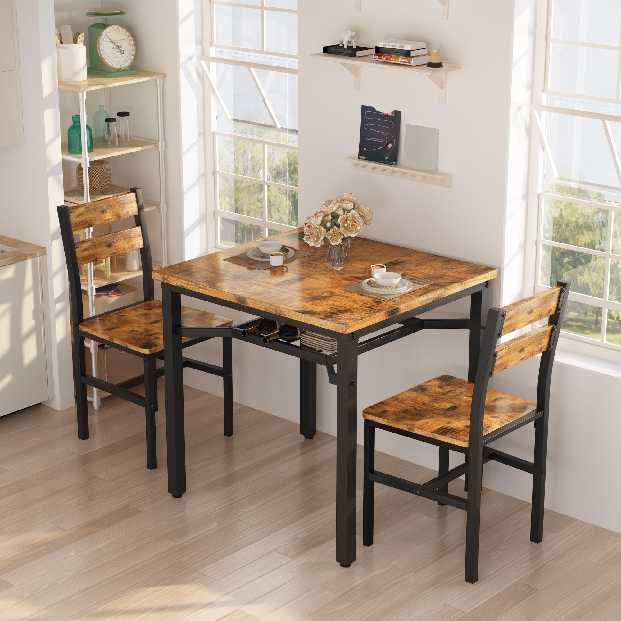 Hooseng 3 Piece Dining Table Set for 2, Small Wooden Kitchen Table with Storage, Farmhouse Square Dinette Set for Dining Room, Breakfast Nook,