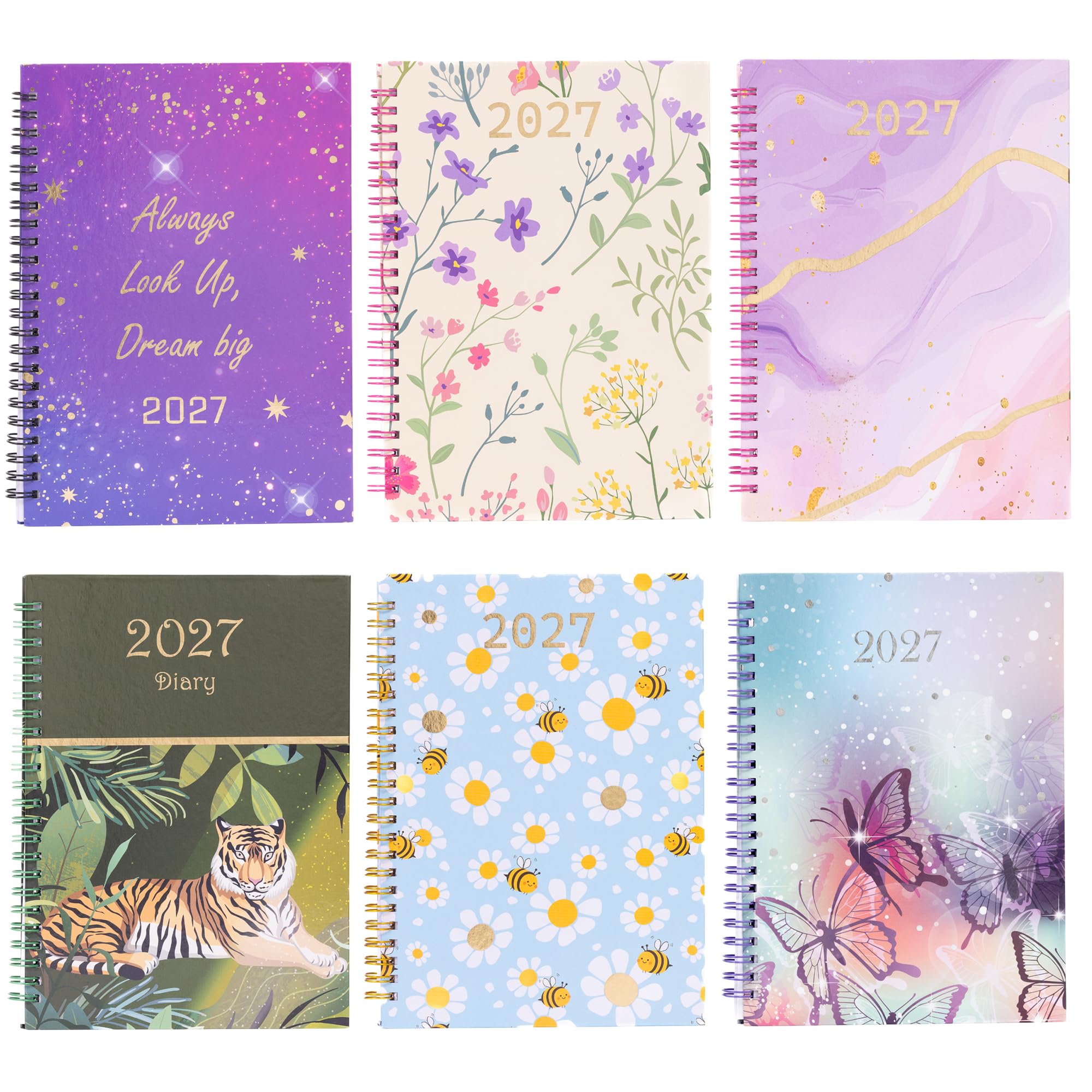 evelay 2027 Diary A5 Week to View - Spiral Bound Hardback Wiro Planner, January to December 2027 - Weekly Organiser with Durable Cover (Flowers)