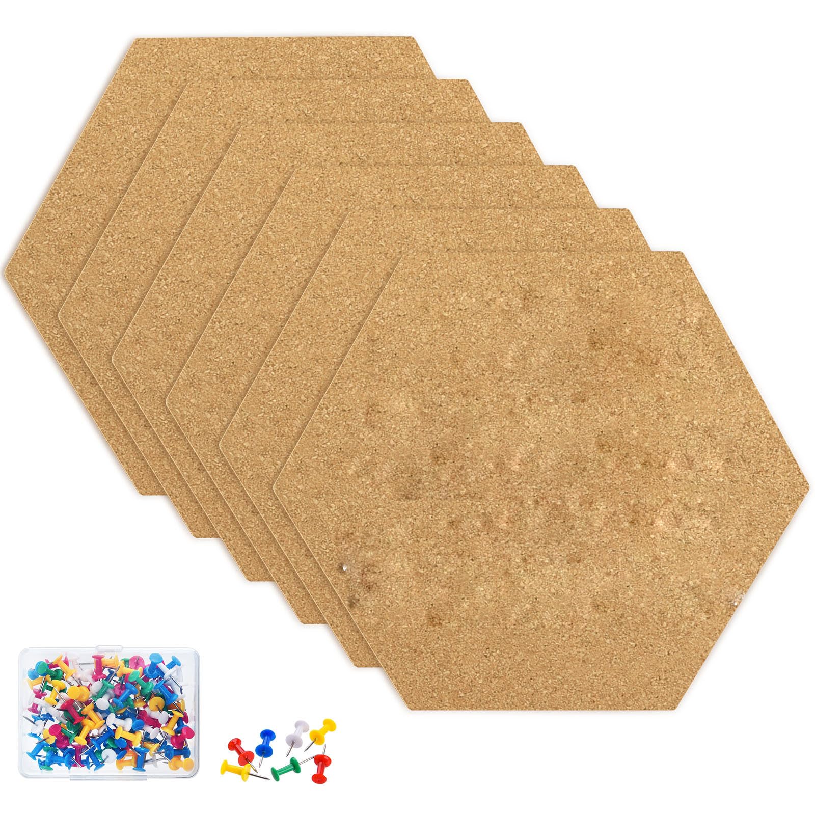 TUPARKA 6 Pack Cork Board Hexagon Bulletin Boards Cork Tiles 8.2"x7" - 1/4" Self-Adhesive Corkboards with 50 Push Pins Mini Wall for Wall Home School