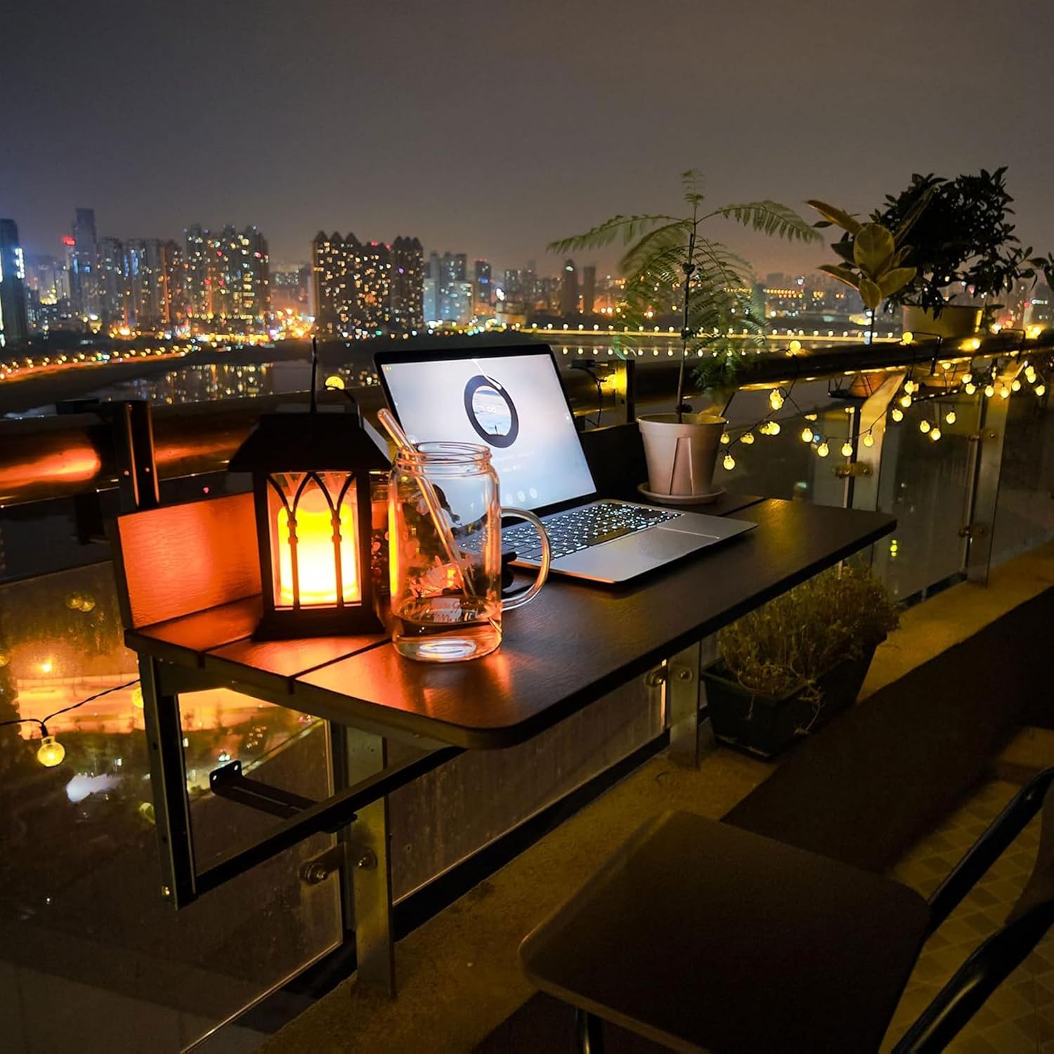 Balcony Bar Table for Railings Folding Hanging Outdoor Adjustable Deck Rail Table for Patio, Garden(Brown, 60 * 37cm/23.6 * 14.56inch)