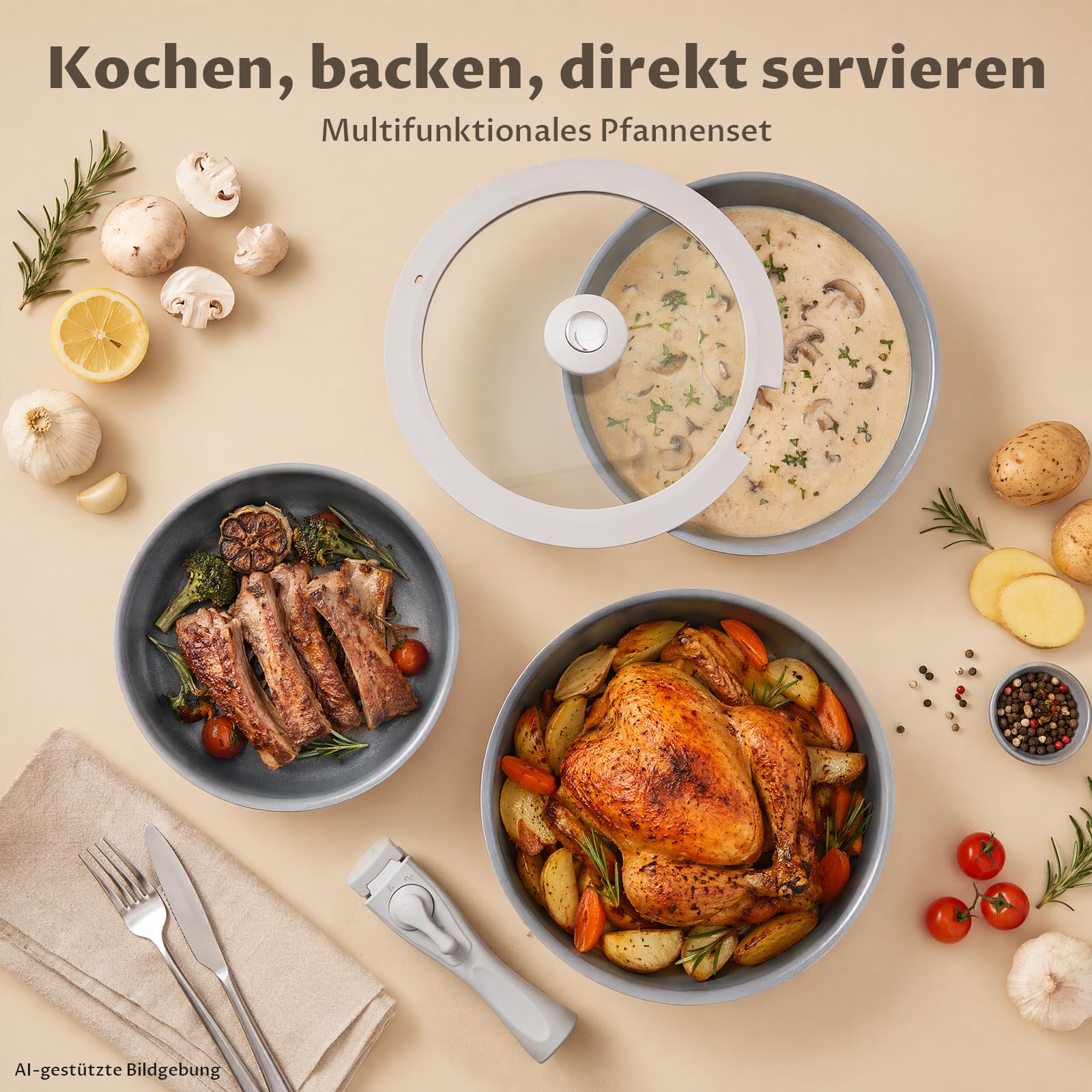 BEZIA Töpfe & Pfannen Set mit abnehmbarem Griff, 17-tlg. Keramik Topfset | Platzsparendes stapelbares Topf- & Pfannenset Induktion, Backofengeeignet Kochgeschirr-Set für Wohnmobil & kleine Küche