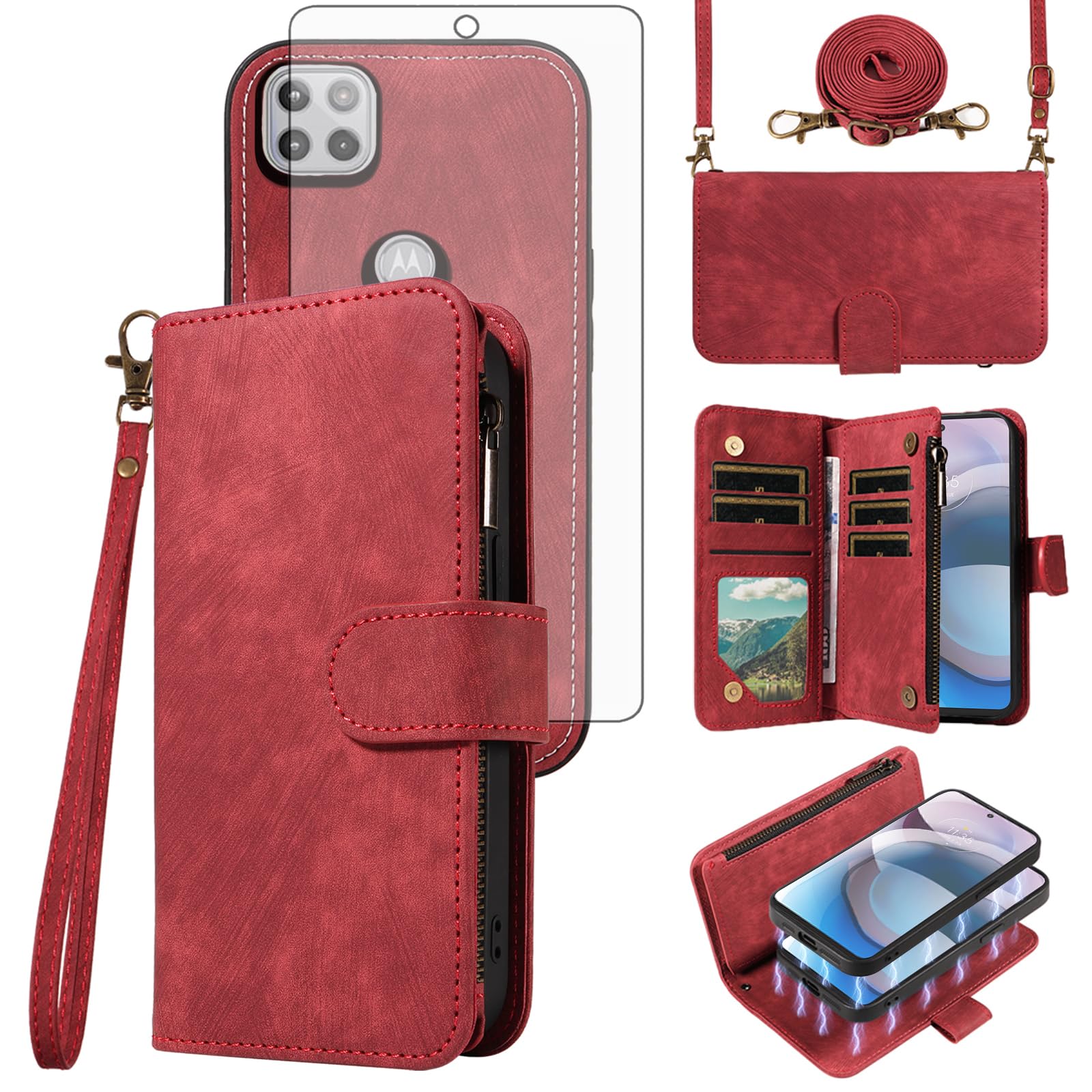 Phone Case for Moto One 5G Ace/Motorola G G5 2021 Zipper Wallet Detachable Magnetic Cover with Tempered Glass Screen Protector Crossbody Lanyard