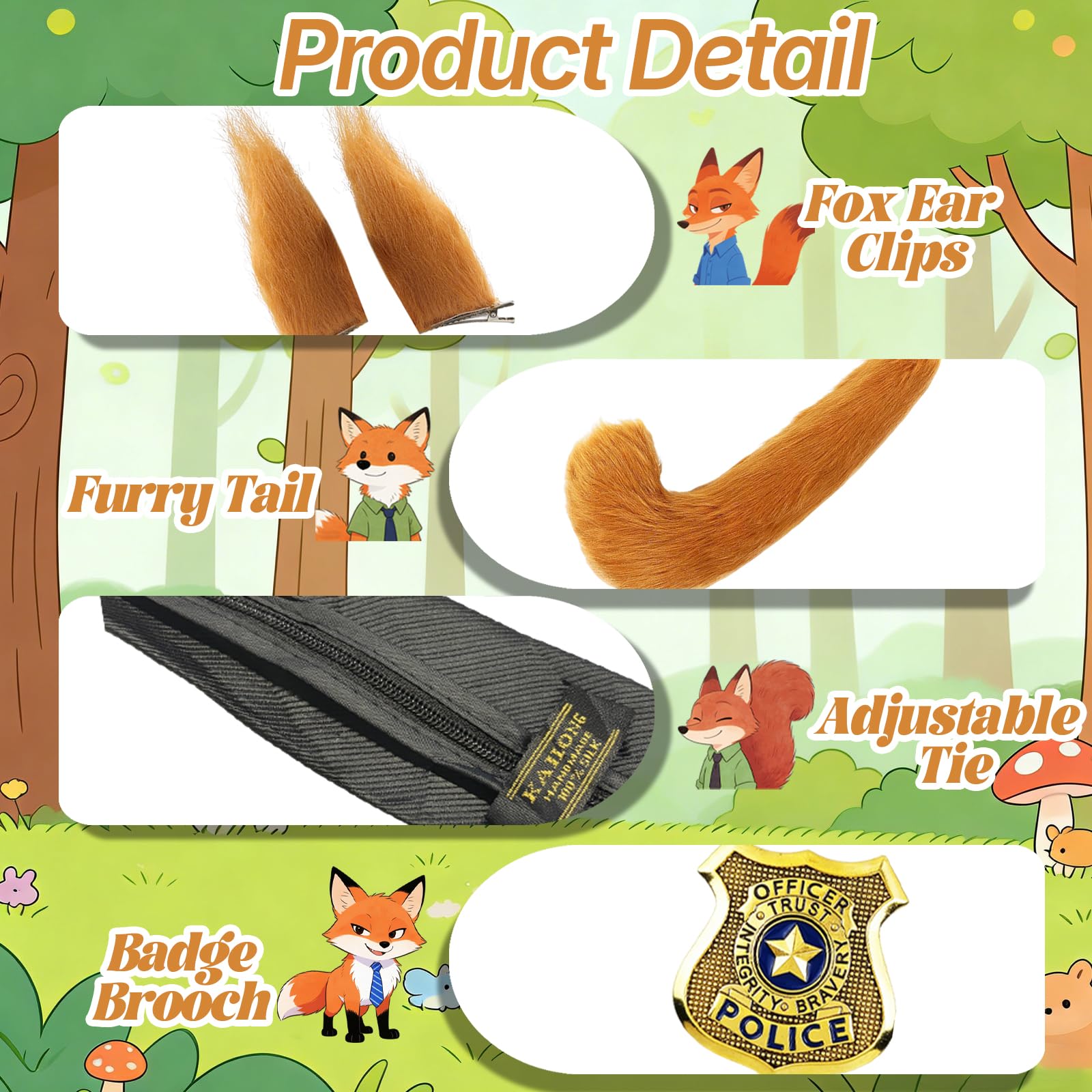 Atomvia Fox Costume Accessories 6 PCS, Fox Ears Clips Tail Tie Sunglasses Badge Set - Image 3