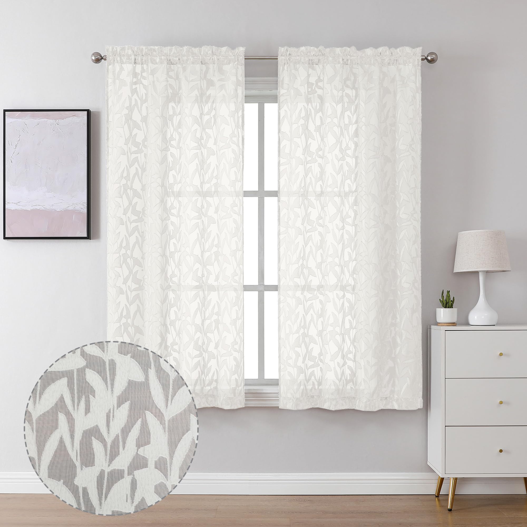 Leia Clip Textured Leaf Ivory Sheer Curtain 63 Inch Length 2 Panels, Light Filtering Jacquard Voile Curtain with Dual Rod Pockets, Kitchen/Bedroom Window Drapes, 40 W x 63 L