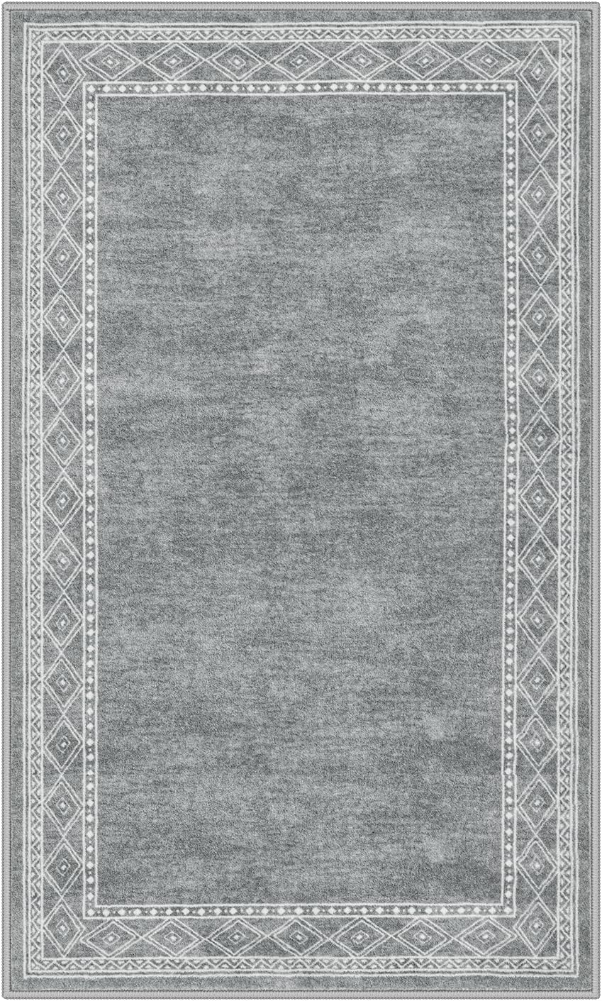 Lahome Modern Bordered Machine Washable Rug, Ultra-Thin 3x5 Rugs for Entryway Bedroom, Non-Slip Stain Resistant Small Carpet for Laundry Entrance (3'x5',Grey)