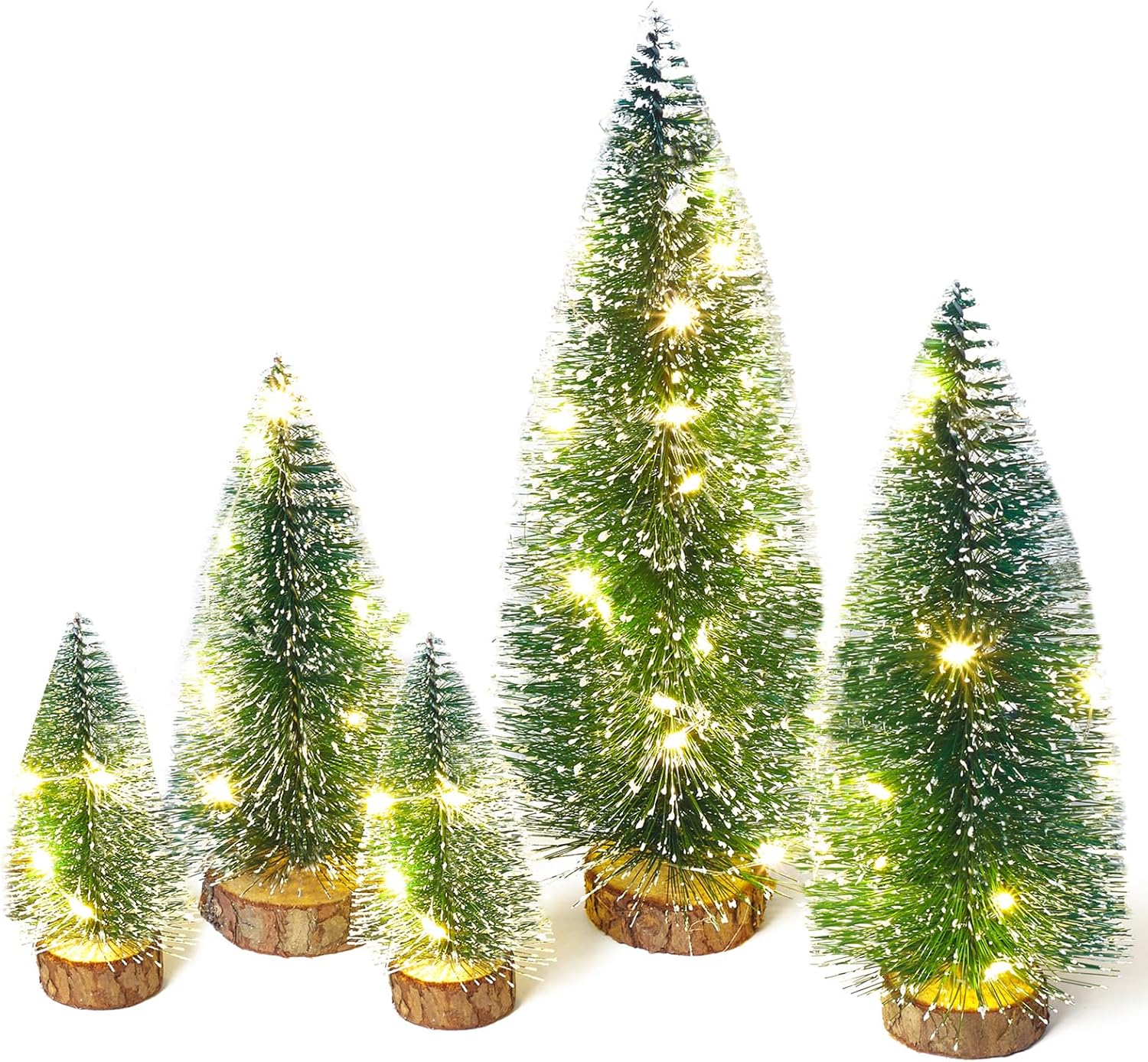 Mini Christmas Tree with Lights, Small Table Top Decorations, Desktop Miniature Pine Tree Xmas Holiday Decor Indoor Home, Bottle Brush Trees with Wooden Base, 5 Pcs with Light