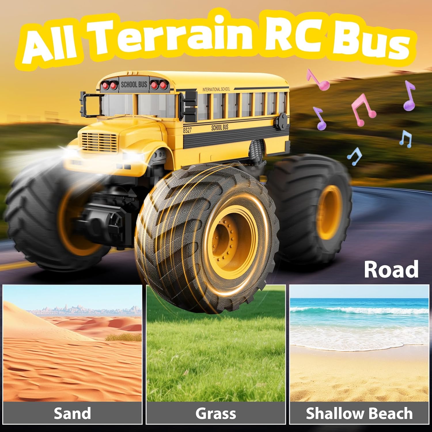 1/16 RC Drift Car 2.4Ghz 4WD Remote Control Car with Spray & Led Lights, 30+KM/H High Speed RC Cars & 1/18 Remote Control School Bus Toy for Kids, 2.4GHz All Terrain RC Cars with LED Lights