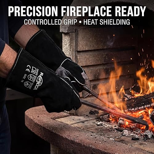Miniatura 4 de RAPICCA 14.0 pulgadas, 662 ℉ de cuero forja/Mig/Stick soldadura resistente al calor/fuego, guantes para horno, parrilla, chimenea, horno, estufa