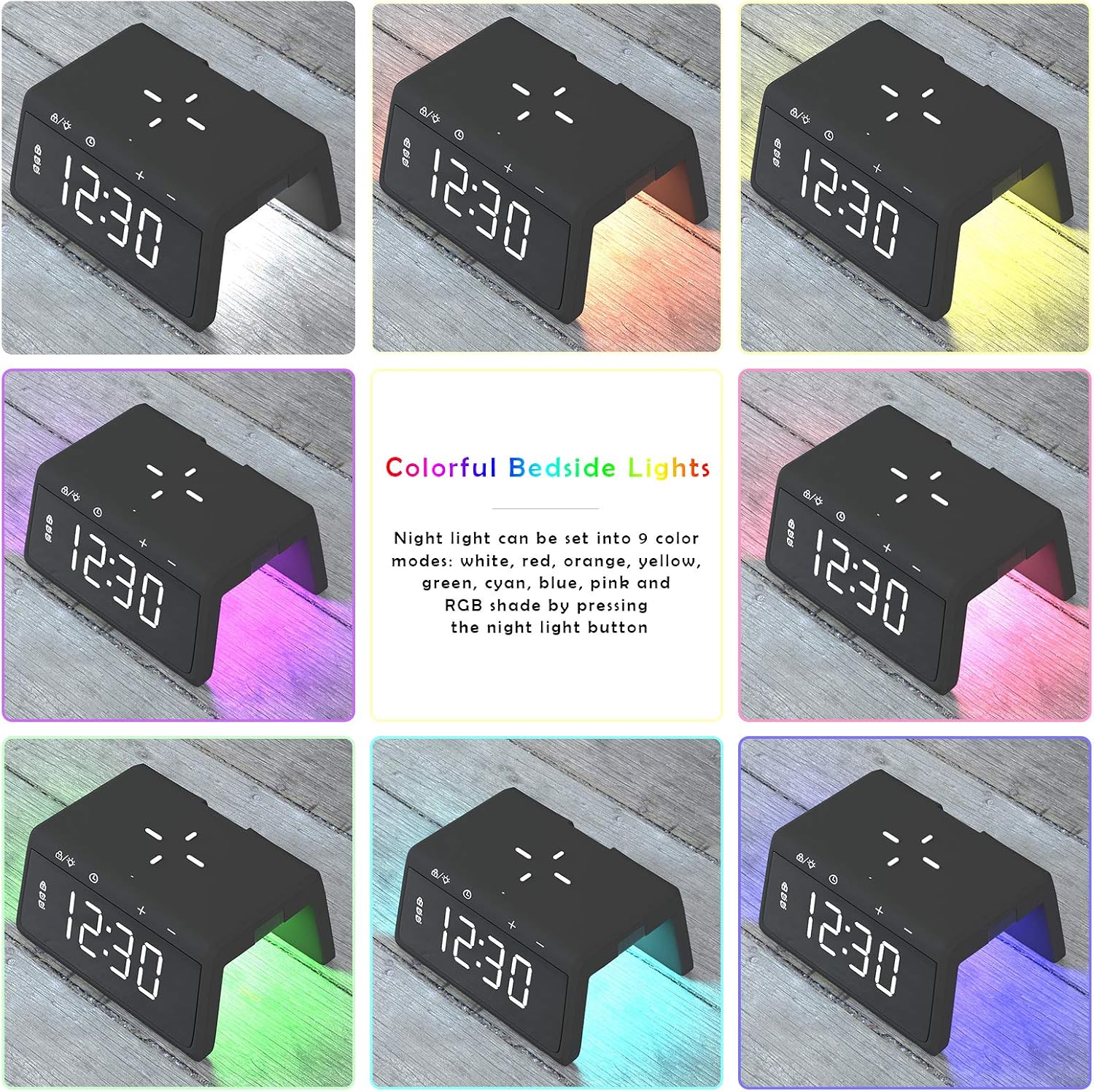 Wireless Charging Alarm Clock for Bedroom, Pointuch Digital Alarm Clock with Snooze Function and Colorful Bedside Night Light, Qi Wireless Charging Clock with a QC3.0 18W USB Charger, Black