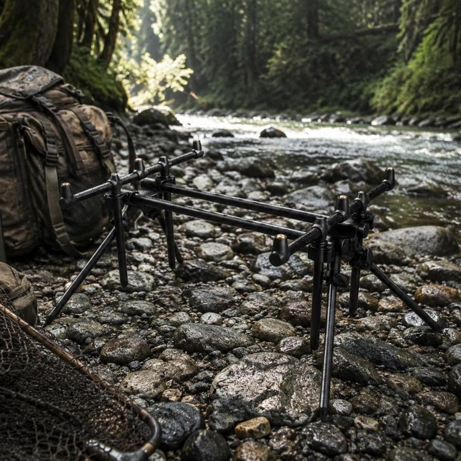Gefertigt aus robuster Aluminiumlegierung; ausziehbares Rod-Pod mit 3 Auflagen, klappbare und verstellbare Beine, Stabiler Halt für Karpfen- und Brandungsangeln. | Aluminium-Rod-Pod für 3 Ruten, ausziehbares und verstellbares Stativ für Karpfen- und Brand