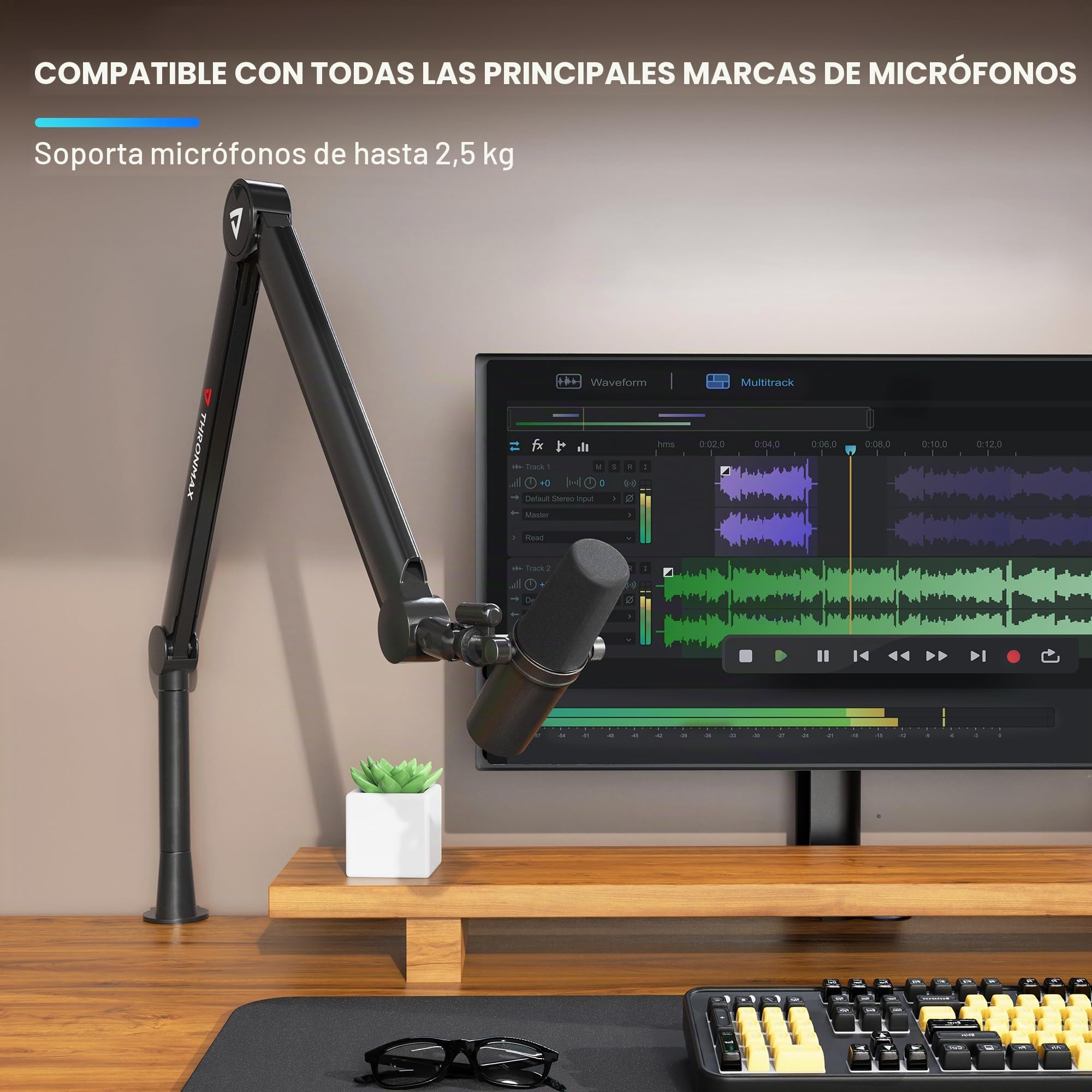 THRONMAX Twin-S8 Brazo de micrófono, Soporte de micrófono de tijera ajustable 360° con cable metálico robusto integrado para Blue Yeti, Elgato, Brazo boom Universal 1/4"，3/8" a 5/8" (Negro)
