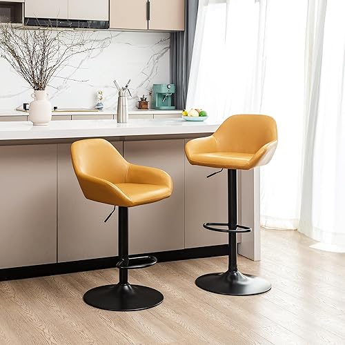 Miniatura 22 de Glitzhome Mid Century - Juego de 2 taburetes de bar ajustables de cuero giratorio vintage con respaldo y reposapiés, taburetes de bar modernos de