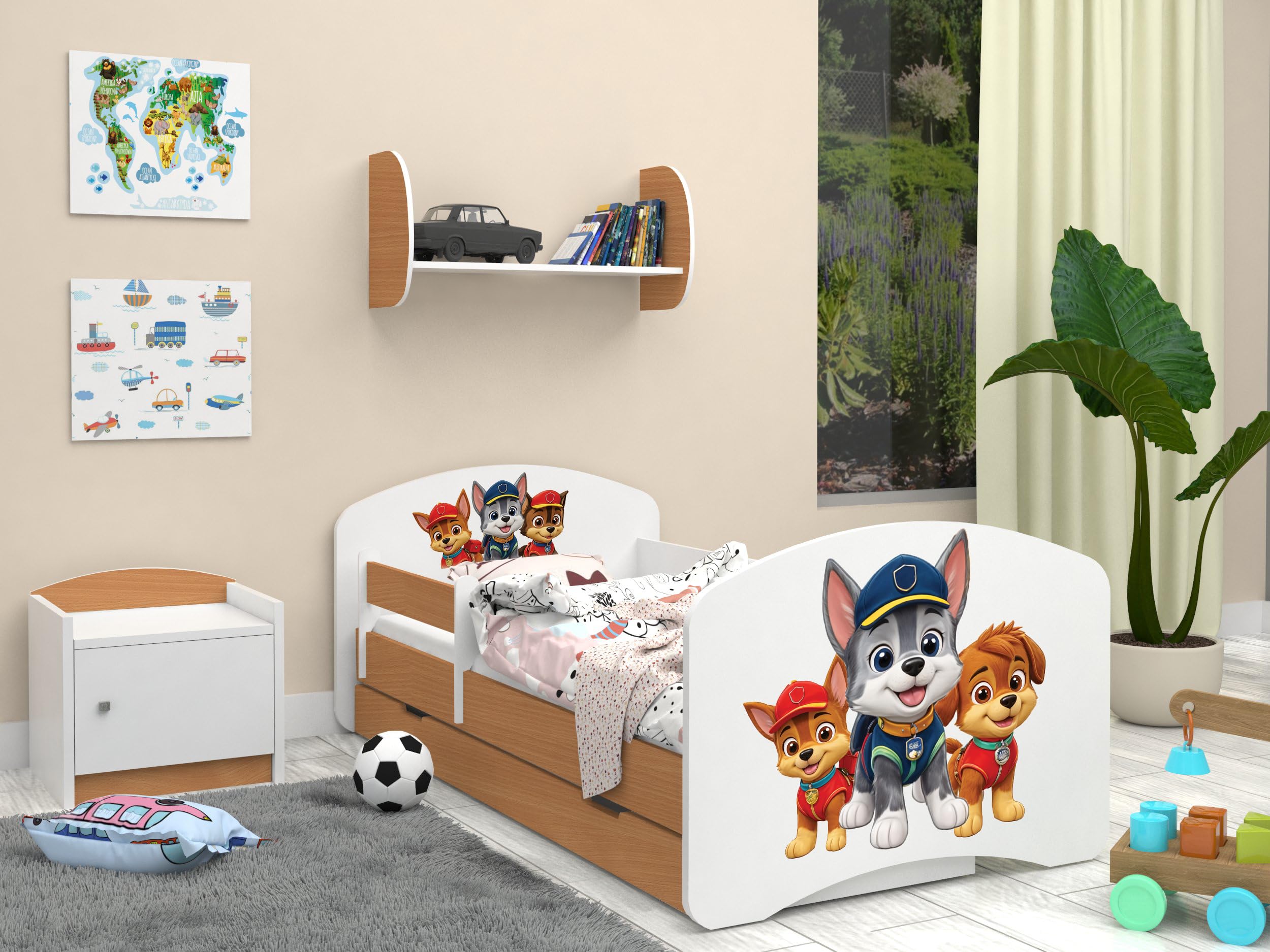 Happy Babies Kinderbett mit Rausfallschutz Junge 140x70 Bett für Kinderzimmer mit Schublade Matratze Einzelbett für Kinder Weiß Blau Hundemotiv (Buche)