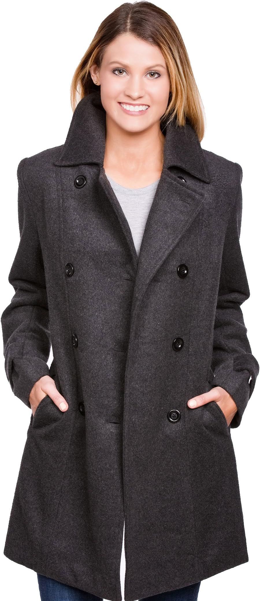 Women's Wool Blend Double Breasted Pea Coat (Charcoal, Medium)
