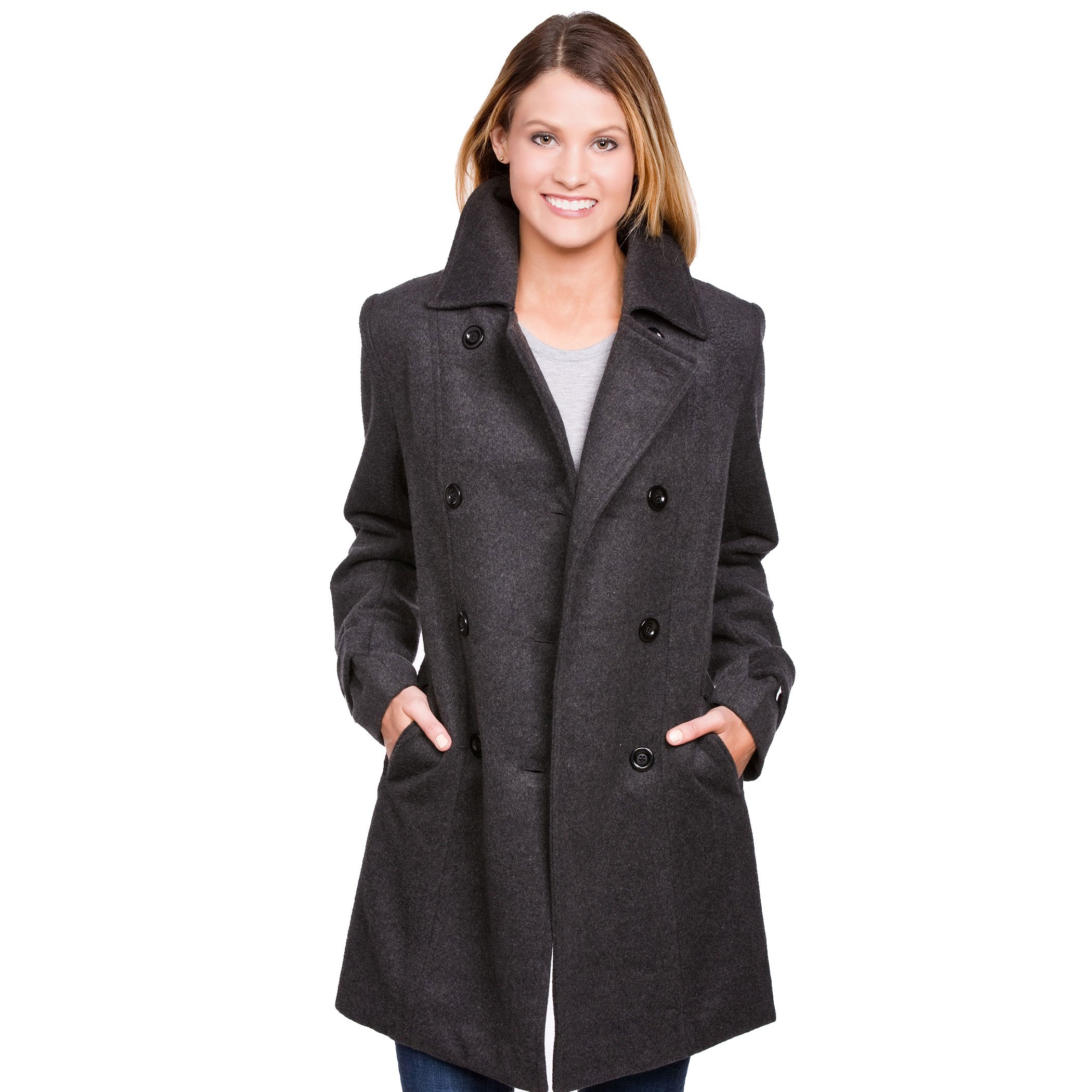 Women's Wool Blend Double Breasted Pea Coat (Charcoal, Medium)