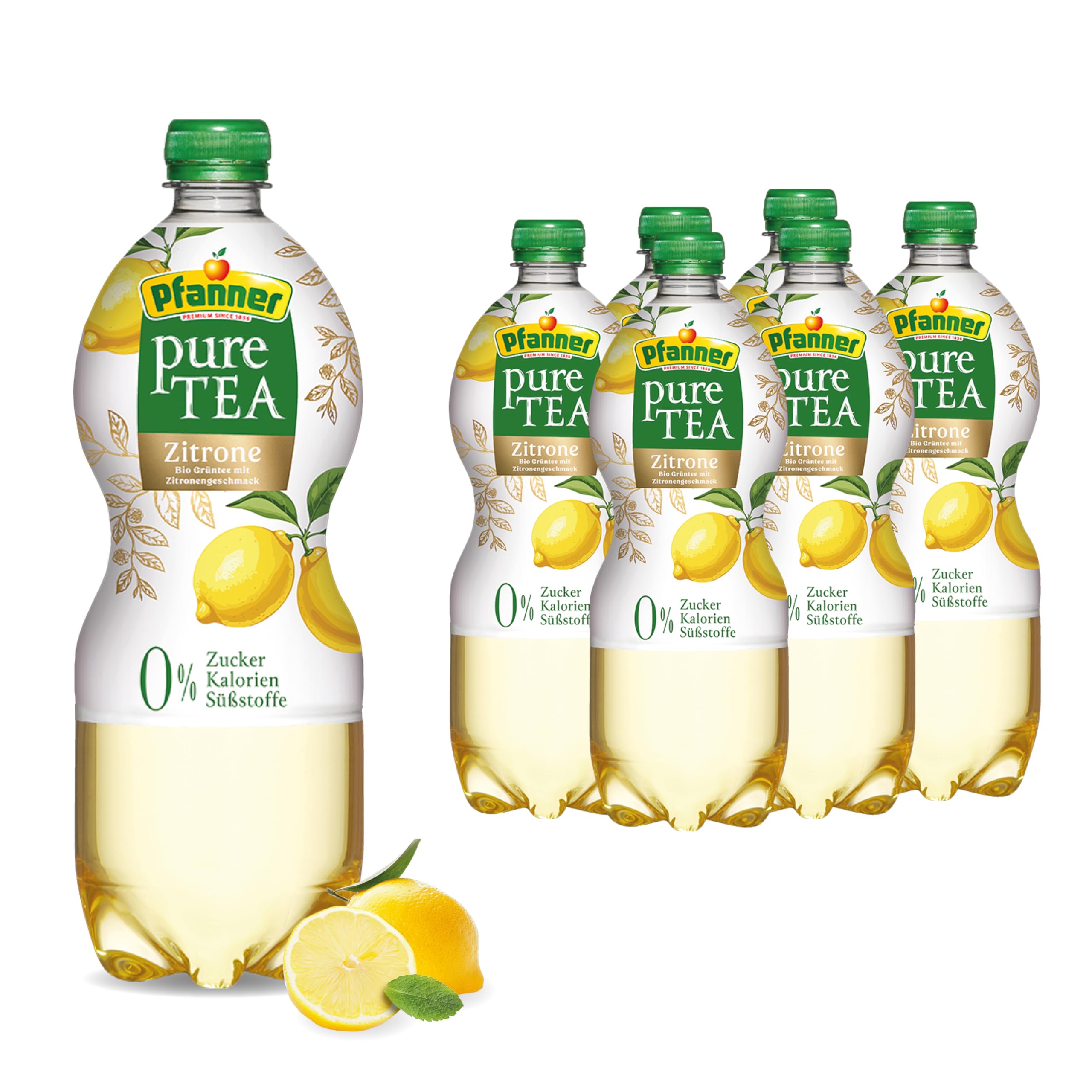 Pfanner Pure Tea Grüner Tee (6 x 1 l) – Eistee ohne Zucker und ohne Süßstoffe - Bio Tee mit Zitronensaft – im Vorratspack