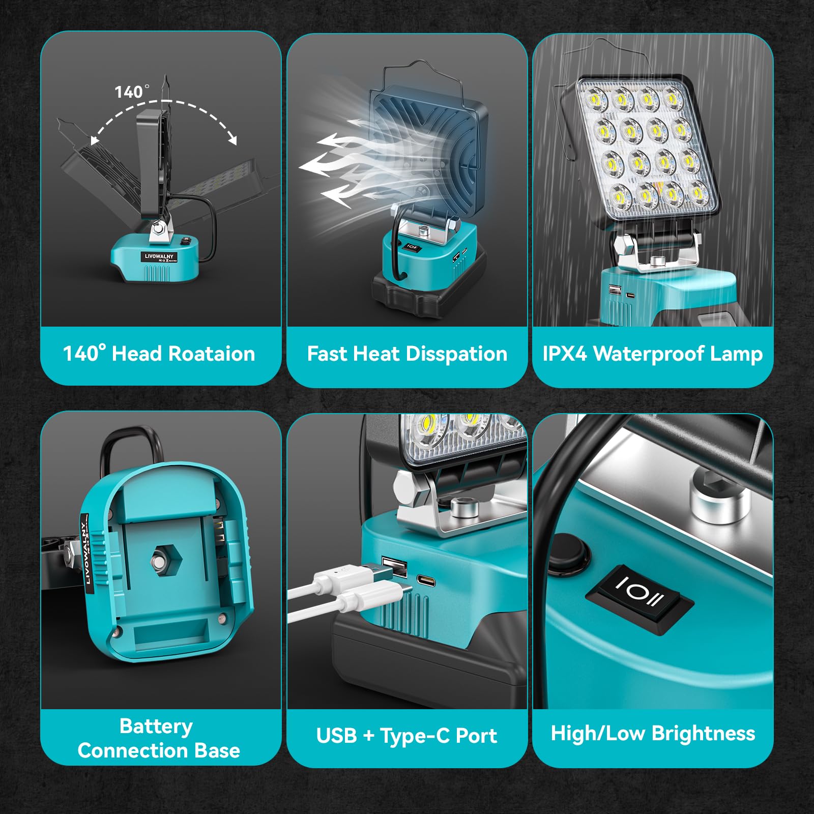 Lampada LED Ricaricabile LIVOWALNY 48W Per Makita 18V - 4800LM, Doppio Interruttore | Con USB Type-C Per Emergenze - Foto 2