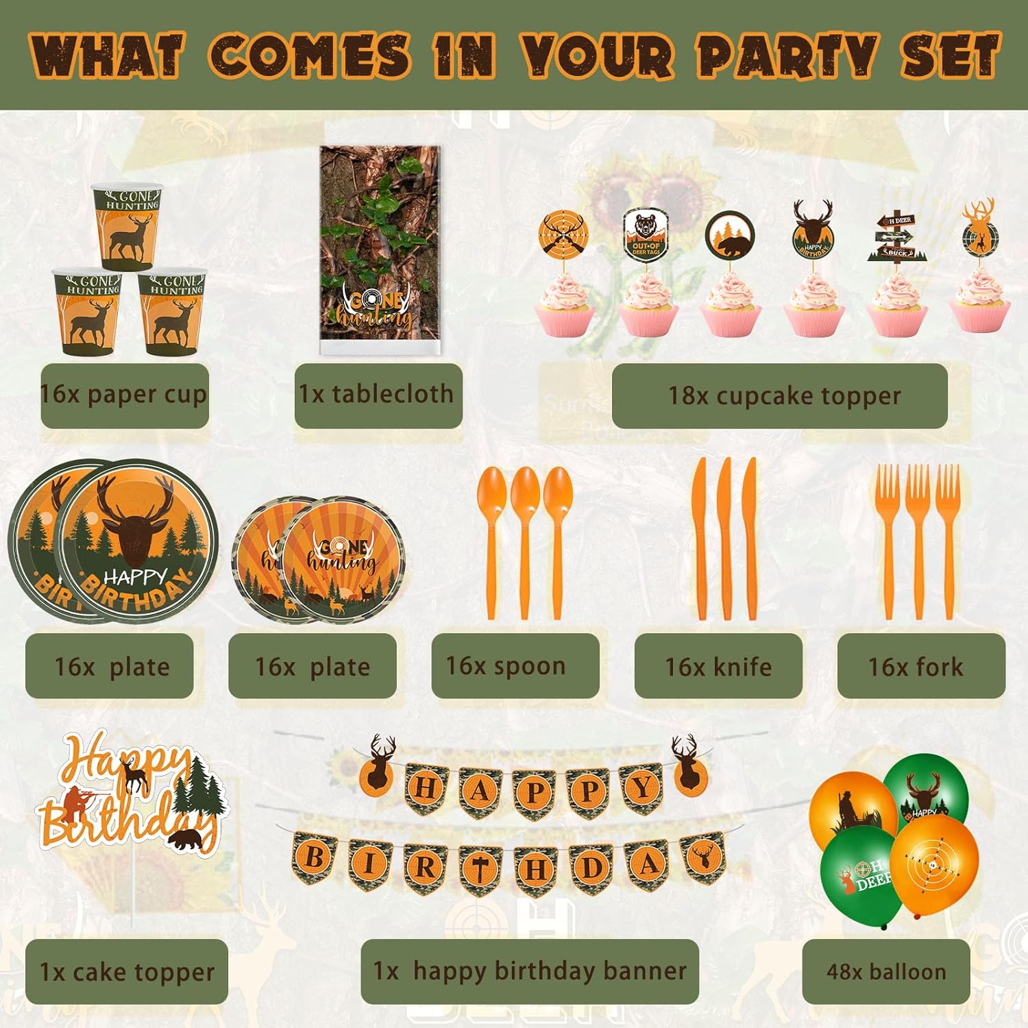 Suclain 165 Pcs Hunting Birthday Party Decorations Camo Deer Birthday Banner Hunting Tablecloths Camo Disposable Dinnerware Tableware for 16 Guests deer Camouflage Balloons Cake Cupcake Topper