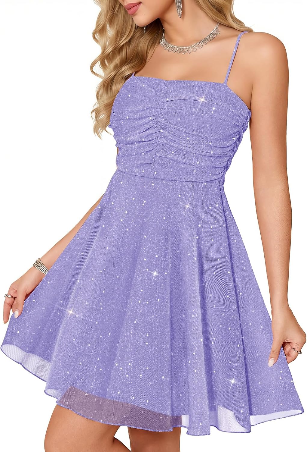 Meetjen Women's Sparkly Cocktail Dress A Line Ruched Tulle Sequin Short Prom Dresses for Teens 2026 Summer Party