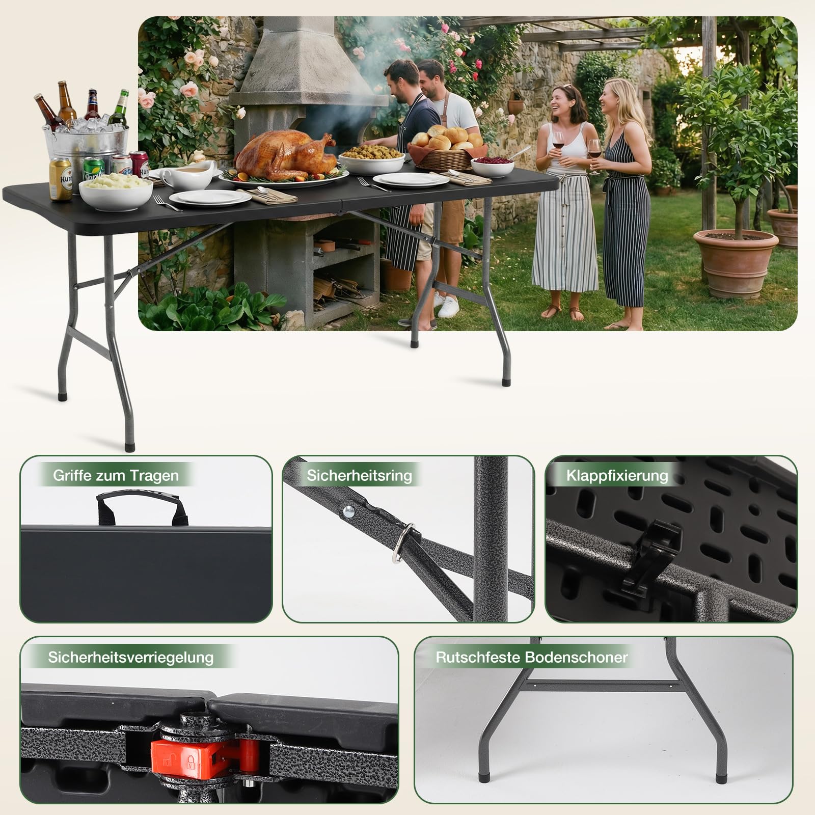 Sekey Gartentisch Klappbar Wetterfest | Klapptisch 152x70 cm Tisch Klappbar Kunststoff 6 Personen | Campingtisch Balkontisch Buffettisch Partytisch mit Tragegriff, Schwarz