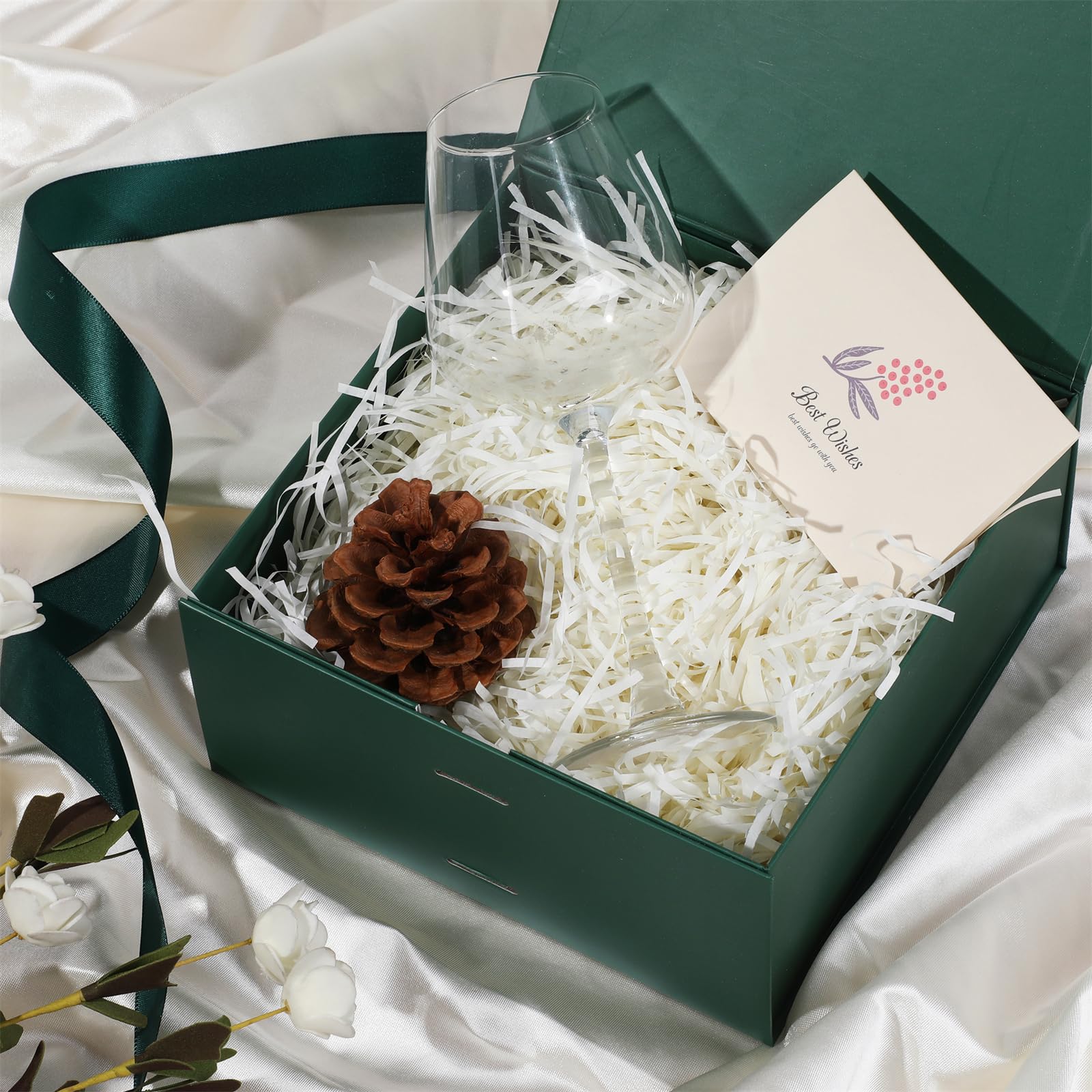 OEMVALATY Boîte cadeau magnétique verte avec couvercle et ruban pour cadeaux, mariage, Noël, Halloween, anniversaire 20,3 x 20,3 x 10,2 cm