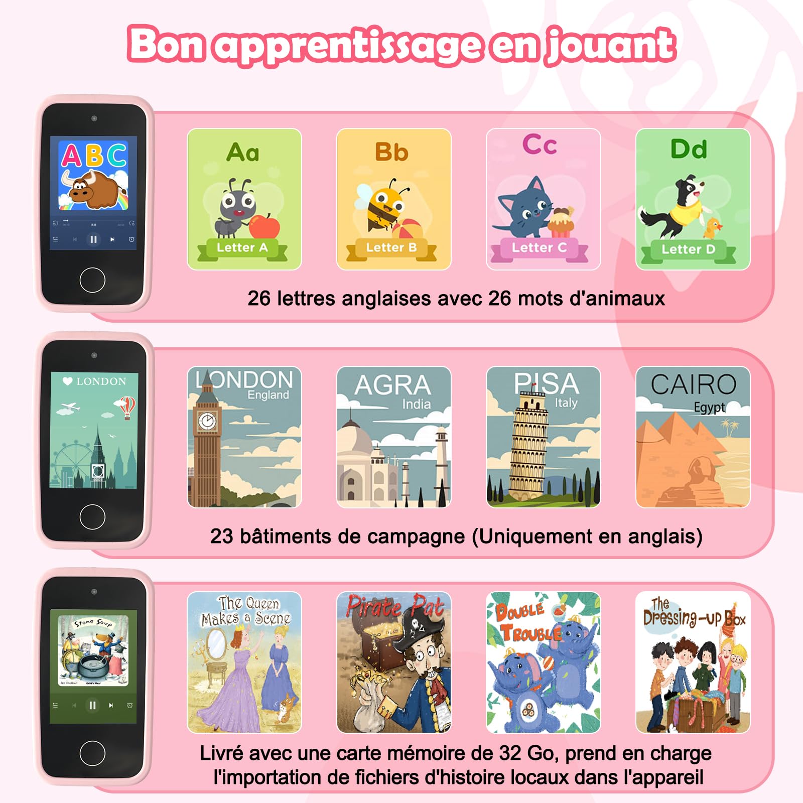Téléphone Portable pour Enfants, Smartphone Enfant Jouets Enfant de 3, 4, 5, 6, 7 et 8 Ans avec Double Caméra d'enfants 2,8 Pouces Jouet éducatif Cadeau pour Filles de 3 à 8 Ans