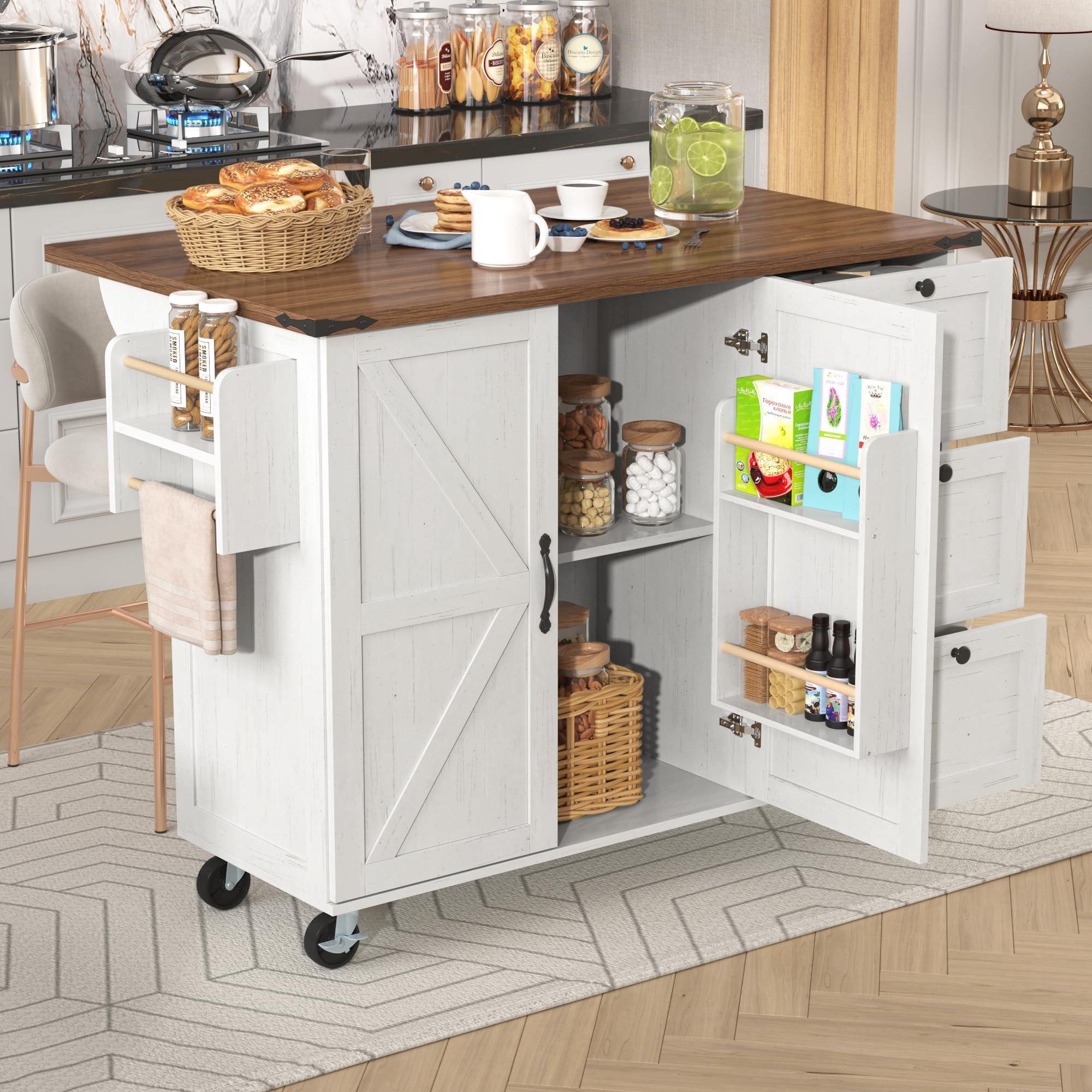 Racxily Isla de cocina, carrito de cocina con encimera extensible y ruedas, carrito de comedor con 2 puertas y 3 cajones, color beige + madera (140 × 45 × 94 cm)