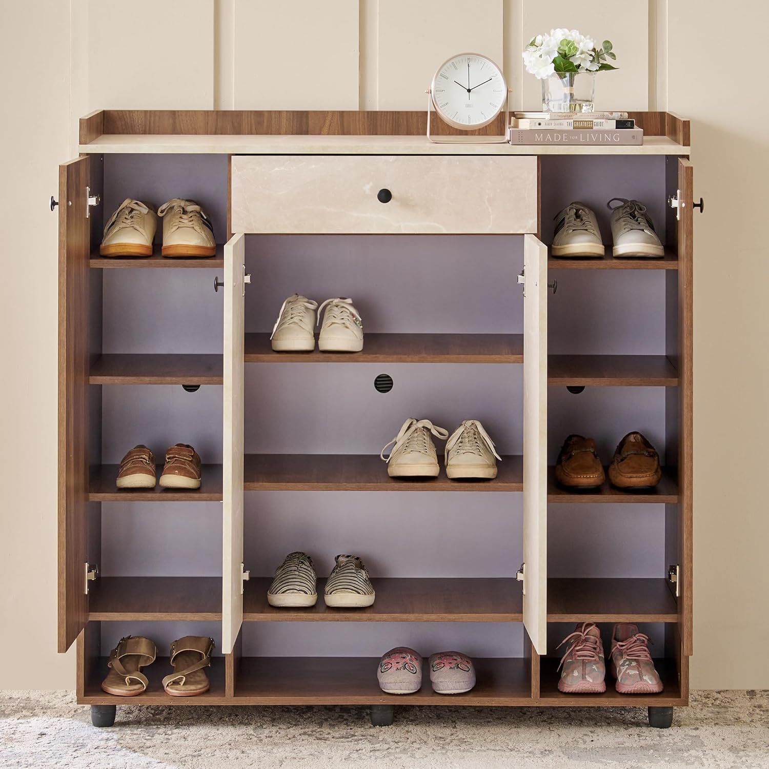 Home Centre Addison Shoe Cabinet with doors open, showing interior shelves filled with shoes