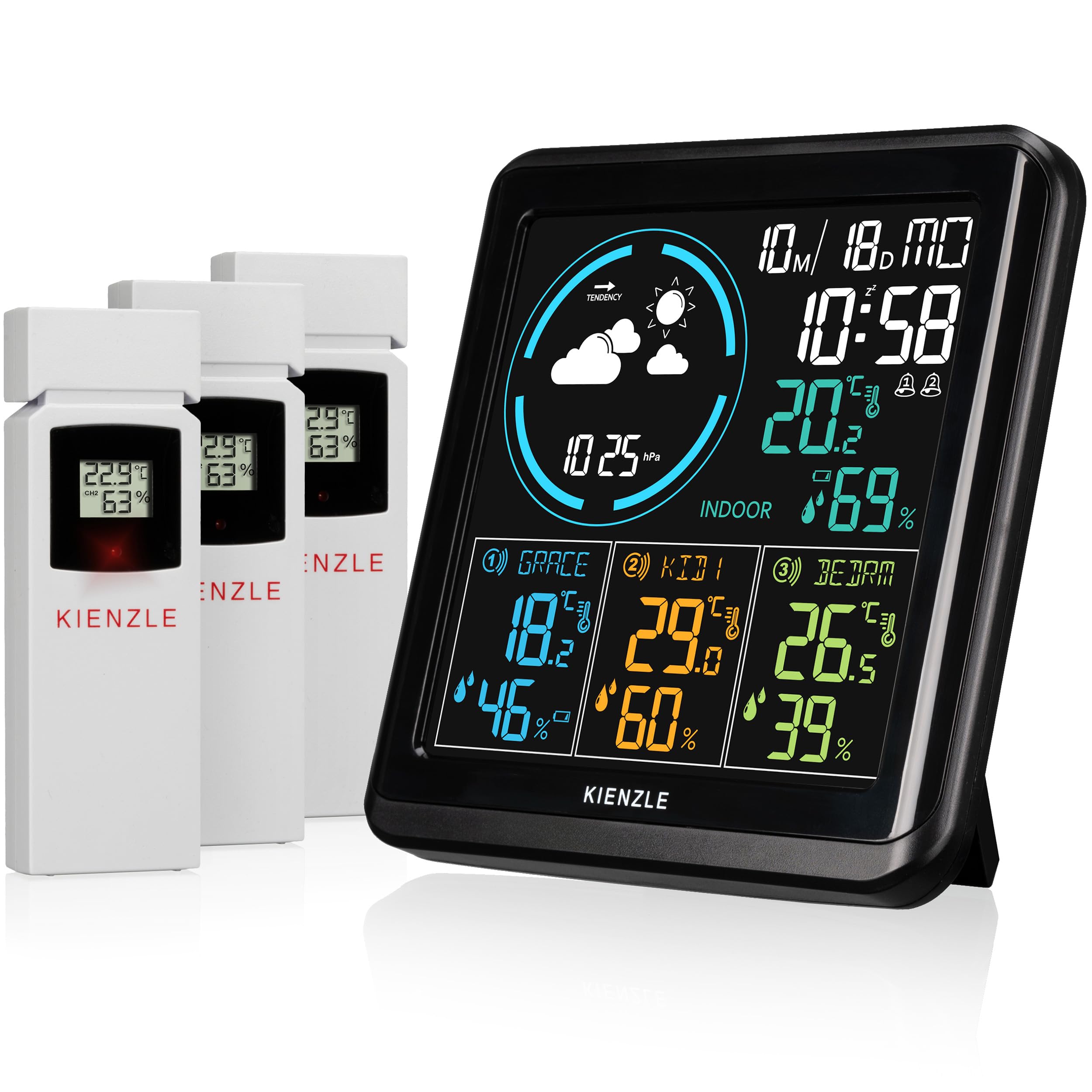 Kienzle Wetterstation Funk mit 3 Außensensoren, Farbdisplay | Temperatur, Luftfeuchtigkeit, Wettervorhersage, Luftdruck Trend, 4 Messbereiche, DCF Uhr, 2 Weckzeiten