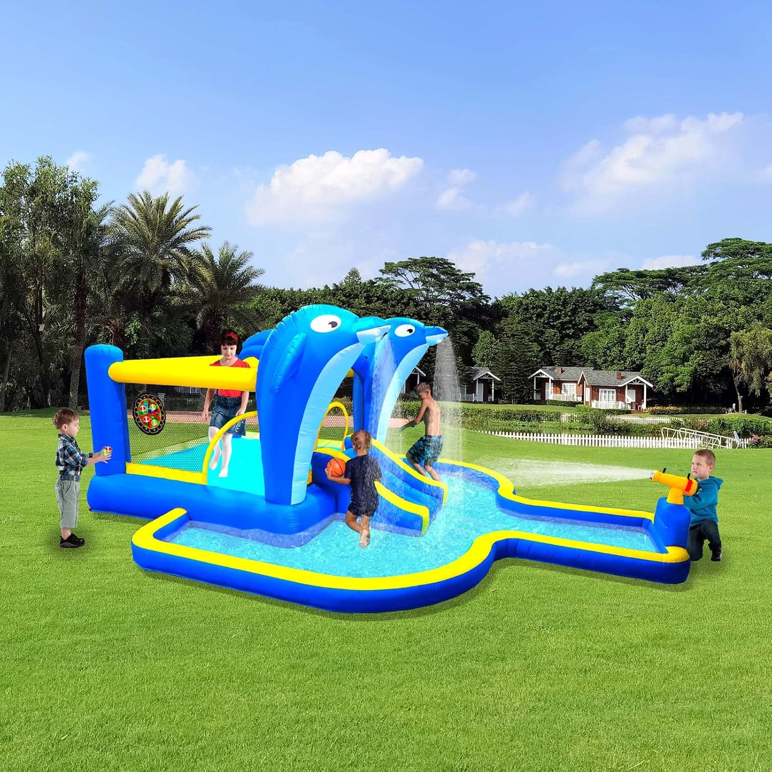 Amazon.com: ROOMTEC 6 in 1 Inflatable Slide Water Park Trampoline ...