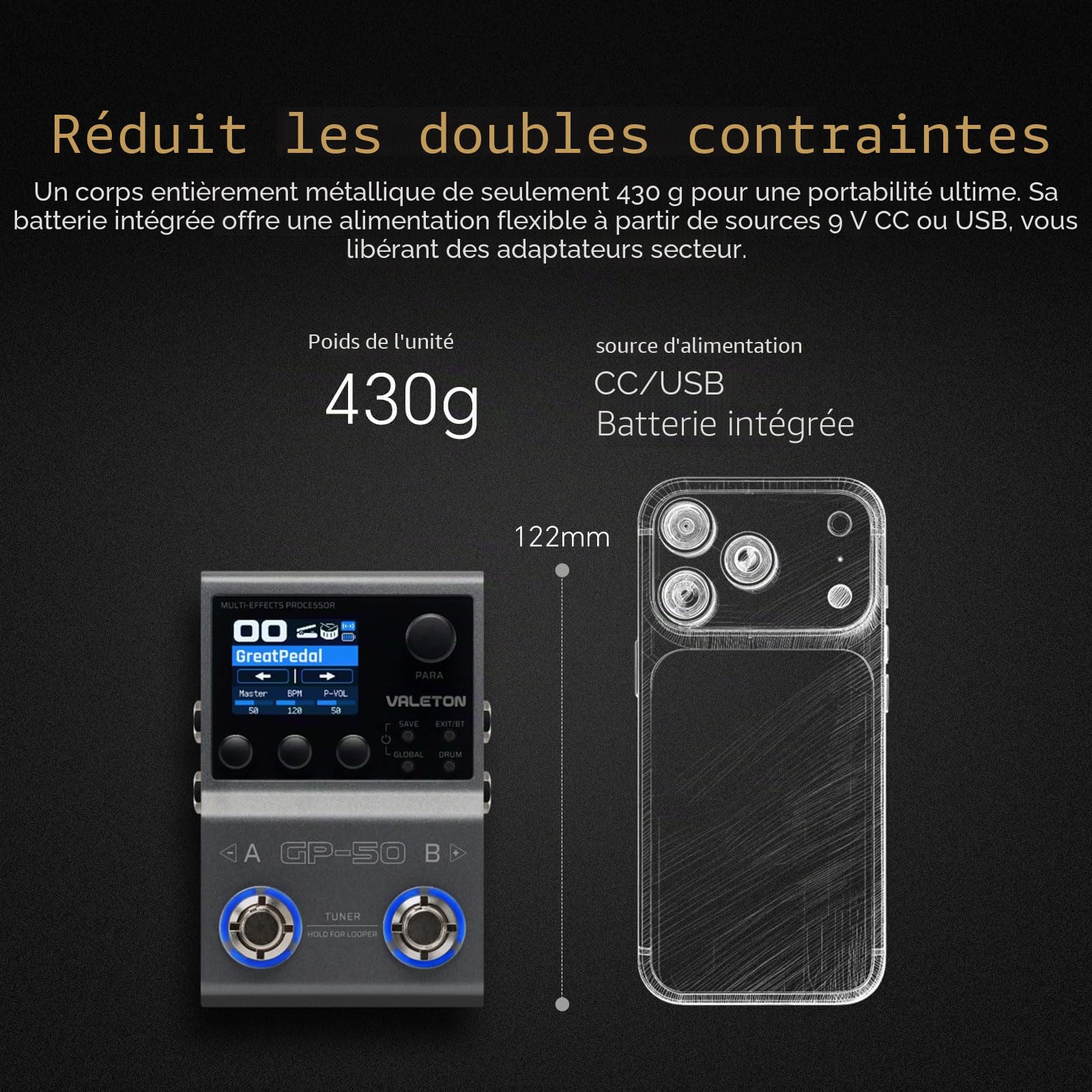VALETON Processeur Multi-Effets & Chargeur NAM/IR avec 100+ Effets HD, 9 Modules Simultanés, Contrôle par App BT, 100 Emplacements de Patches pour Guitare et Basse GP-50