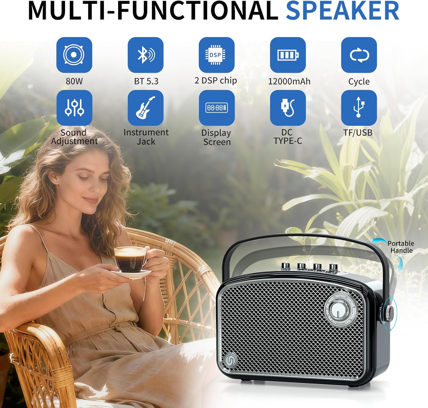 Bluetooth Speaker 120W Peak Powerful HiFi Loud Sound with Deep Bass, Dual DSP Chips, Bass/Treble controls, Vintage Decor Portable Wireless Boombox Speakers Ideal Gift for Party Camping Backyard - Image 2
