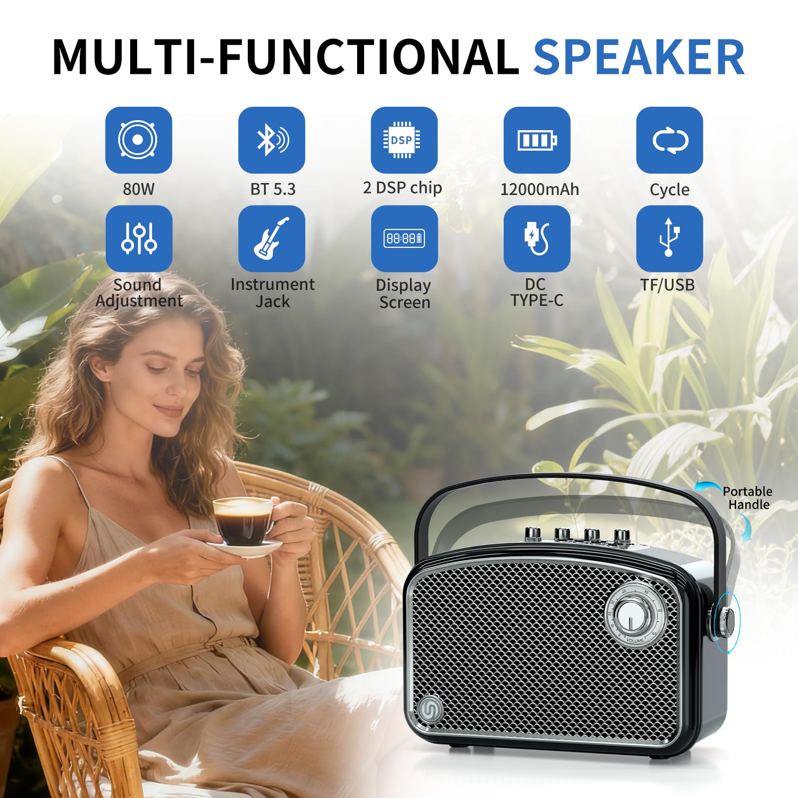 SUPNIU Altavoz Bluetooth 120W Máx con Sonido HiFi Potente y Graves Profundos, Doble Chip DSP, Control de Graves/Agudos, Bocina Portátil Inalámbrica con Diseño Retro, Regalo Ideal para Fiestas Camping