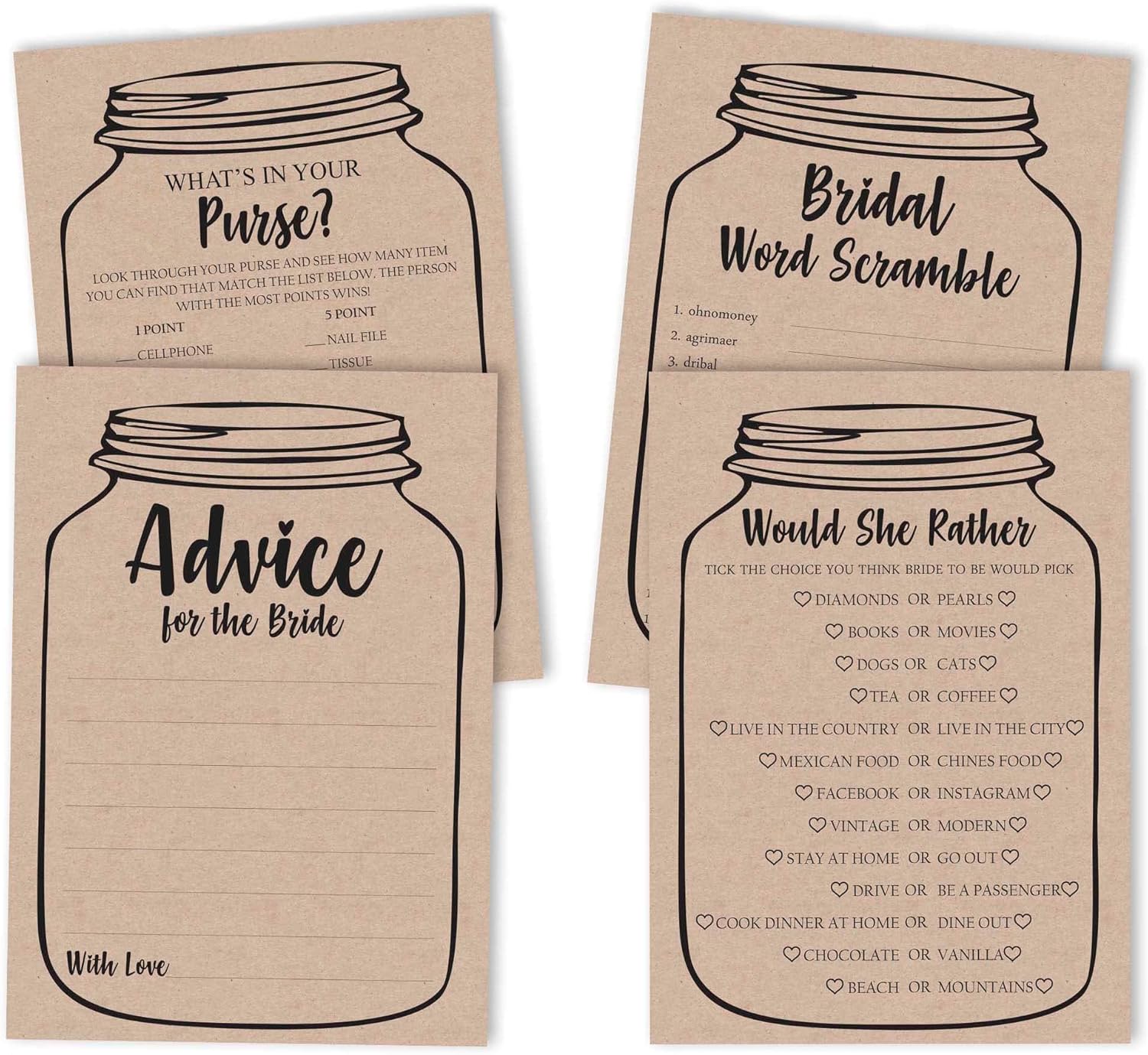 Rustic Kraft Mason Jar Bridal Shower Games Set of 4(50 Sheets Each) Fun Bachelorette Party Games Set Bundle