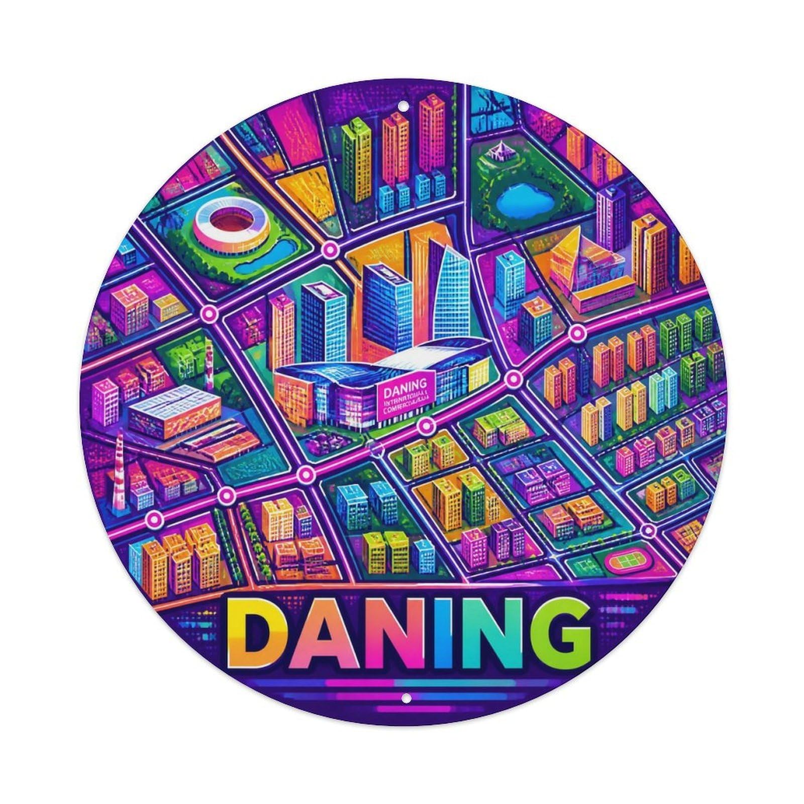 Okngb Style Daning District Shanghai Landmark Badge Clean Layout Metal Tin Sign Plaque Wall Decor For Cafe, Man Cave, Club Bar, Office, Home Garden Round Metal Poster 8X8inch