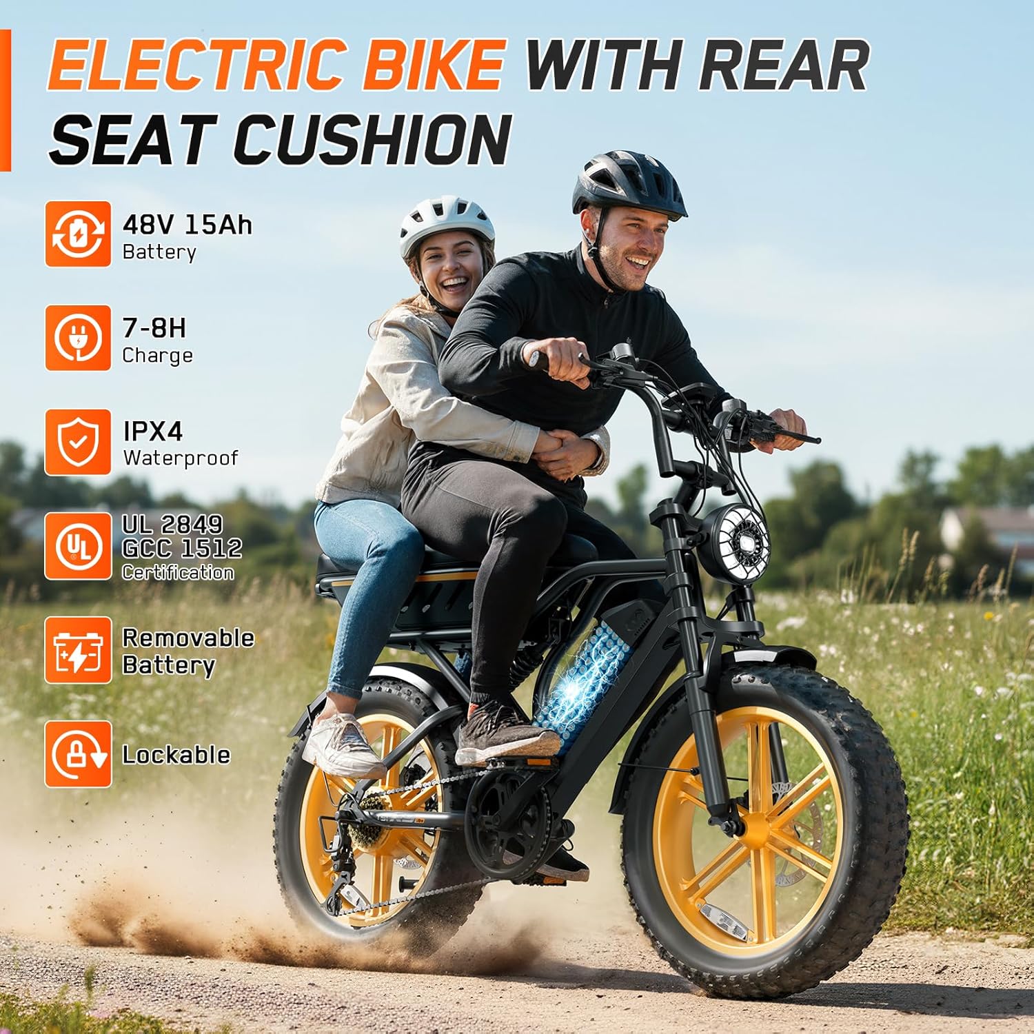 TS TST GRP LLC Electric Bike for Adults,1500W Peak Motor Retro E Bike,Removable 48V 15Ah Battery,20" x4.0 Fat Tire,30 MPH Max Speed,60/100 Miles Range, Ebike with Suspension,UL 2849 Wheels Hub Yellow