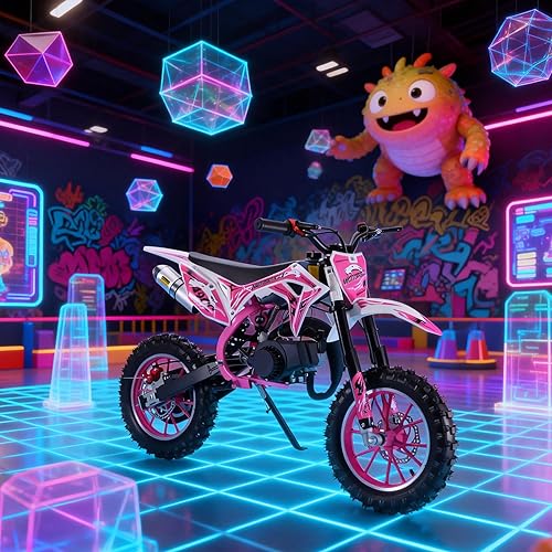 50cc Kids Dirt Bike,Toddler Gas Power Motocross Off Road Mini Motorcycle Vehicles Children Pocket Motorbike with Front Rear Disc Brakes Ideal Birthday for 8-15 Boy Girl Black (Pink)