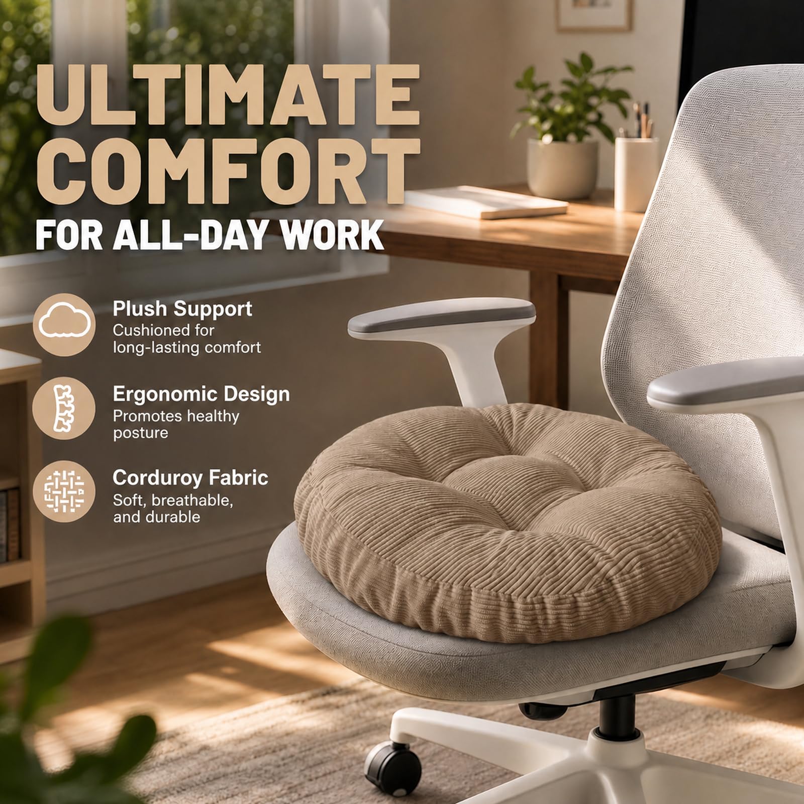 Sitzkissen Rund 65x65cm, Bodenkissen, Stuhlkissen Outdoor, Waschbare Khaki