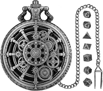 Mini DND Dice Set with Steampunk Hollow Gear Pocket Watch Shell Case, 7pcs Polyhedral Metal D&D Dice Set, DND Gifts with Gift Box, Role Playing Board Games Accessories, Dark Silver