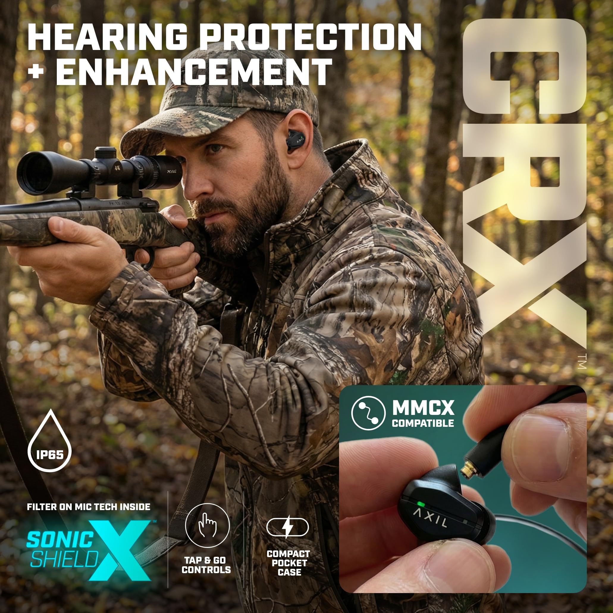AXIL CRX - Audífonos electrónicos Bluetooth con protección auditiva, hasta 6 veces más de mejora auditiva, protección IP65 resistente al agua, protección auditiva para disparo, cancelación de ruido