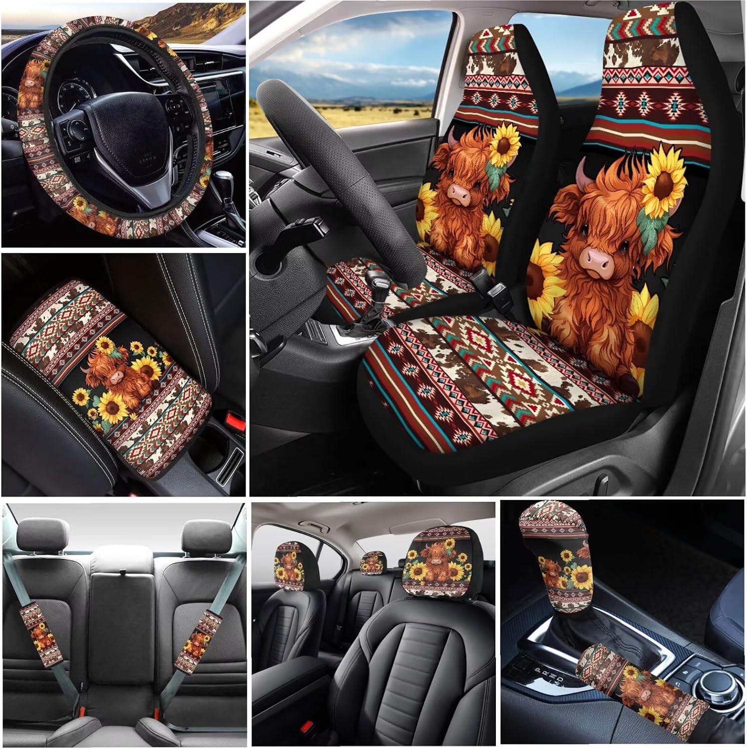 21 Pcs Highland Cow Car Seat Covers Full Set Retro Auto Interior Accessories with Steering Wheel Cover,Seat Belt Pads,Armrest Cushion,Coasters for SUV Vehicle Sedan Truck