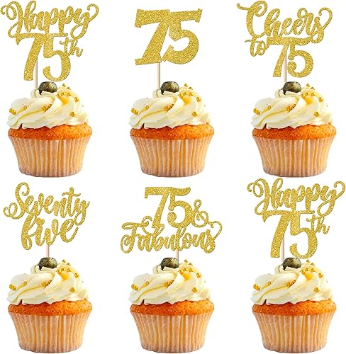 Paquete de 30 adornos para cupcakes de 75 cumpleaños con purpurina de setenta y cinco, fabulosos 75 saludos a 75 selecciones de cupcakes,