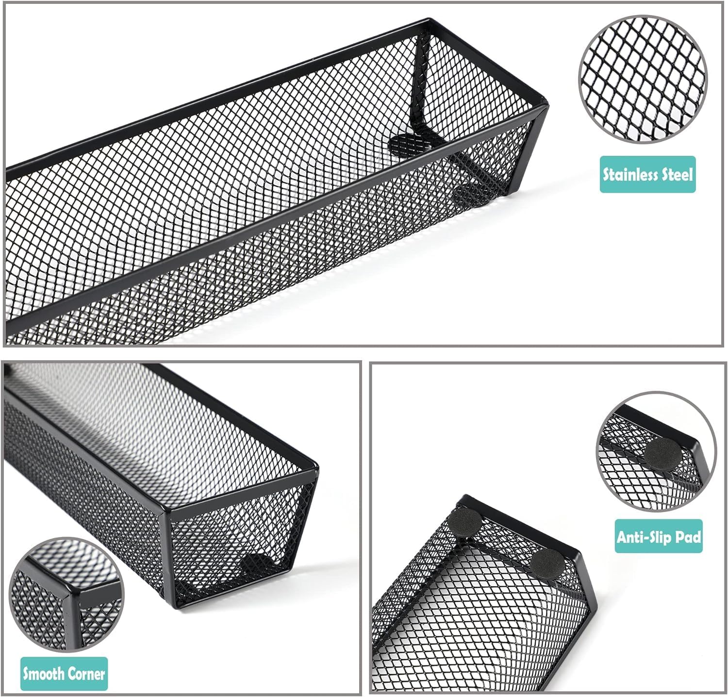 BYCY Silverware Drawer Organizer, Mesh Utensil Organizer for Kitchen Storage, Black Steel Metal Mesh Tray for Flatware Fork Spoon Knife… (12 * 3-5P-Black)