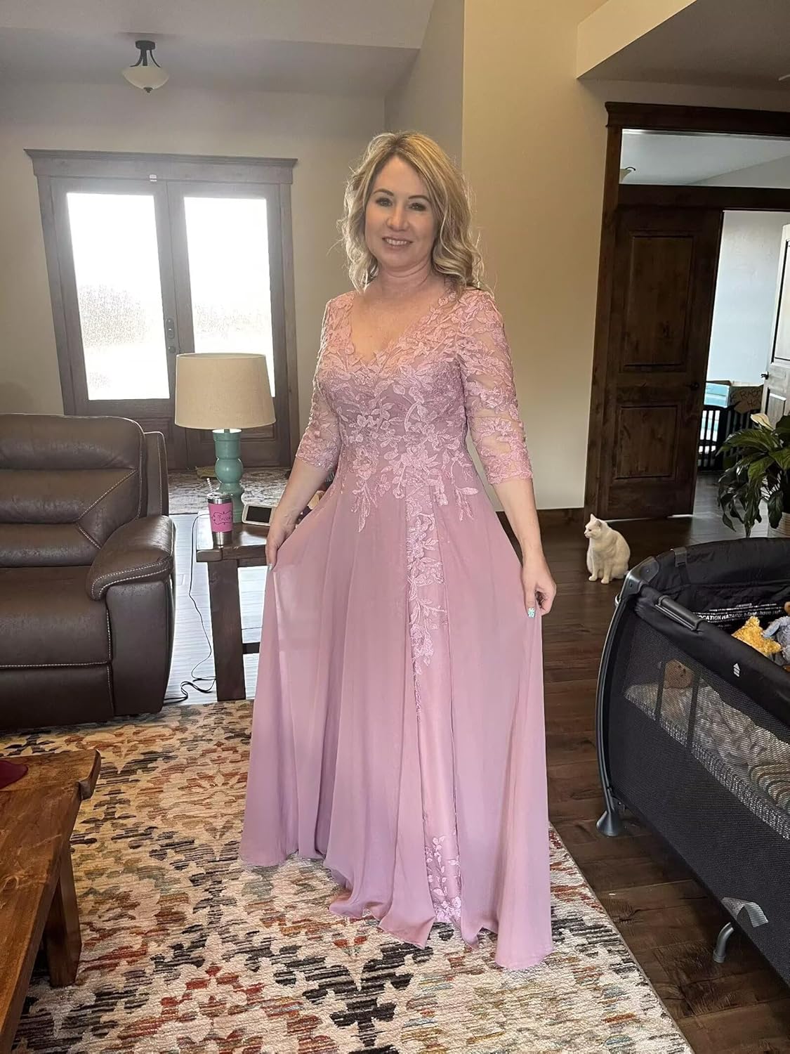 Cadoly Elegant Formal Mother of The Bride Dresses for Women 2026 Chiffon A-Line V-Neck Corset Long Sleeve Evening Gown